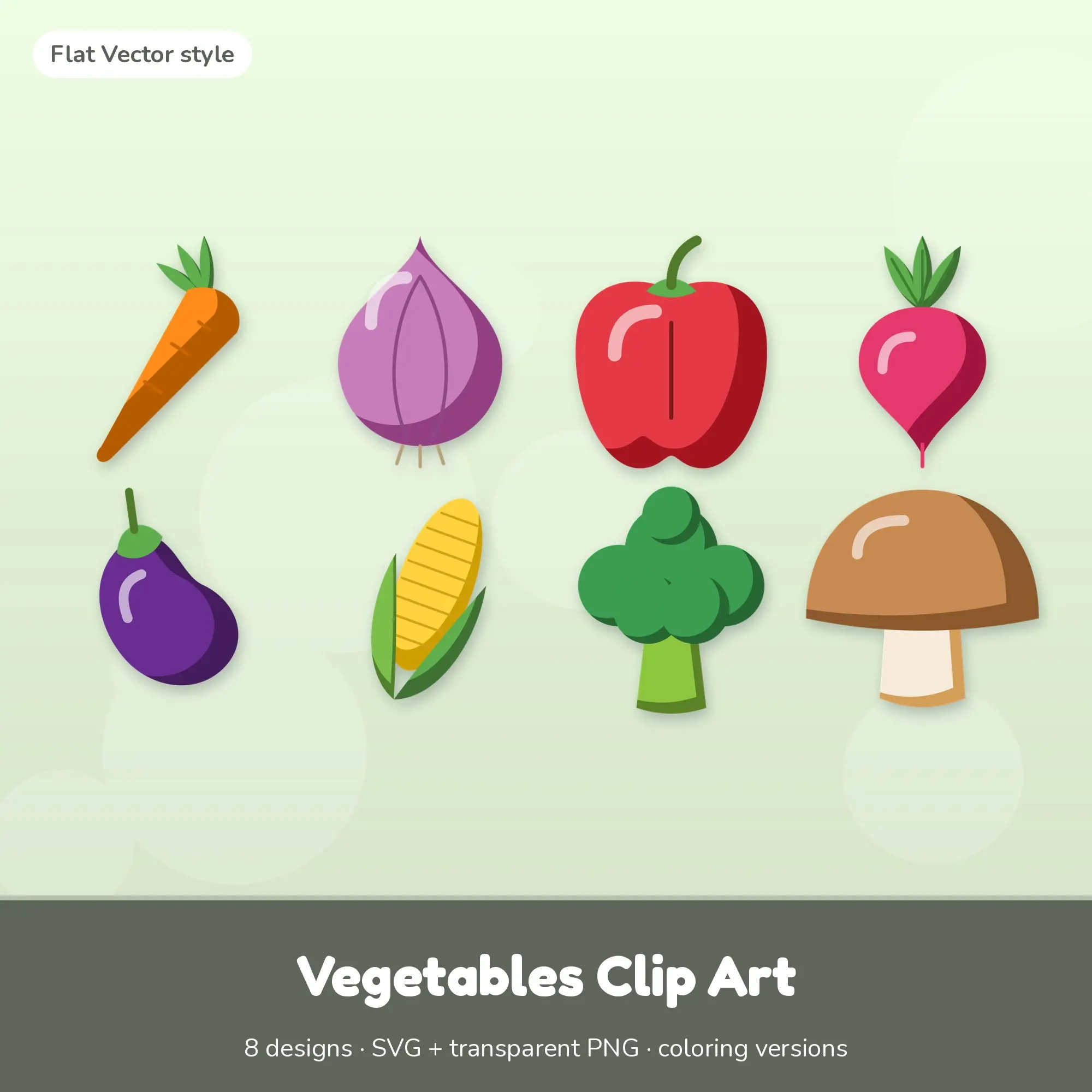 Flat Vector Vegetables Clipart Set: 8 Vector Designs, SVG PNG preview
