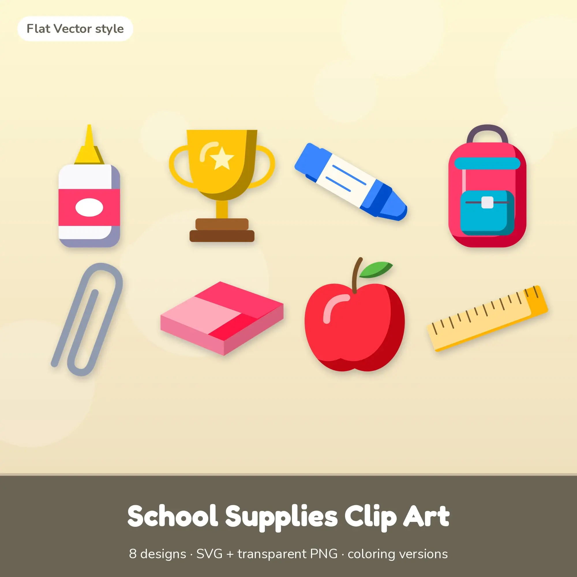 School Supplies Vector Clipart Bundle: Glue Bottle, Trophy + 6 More preview
