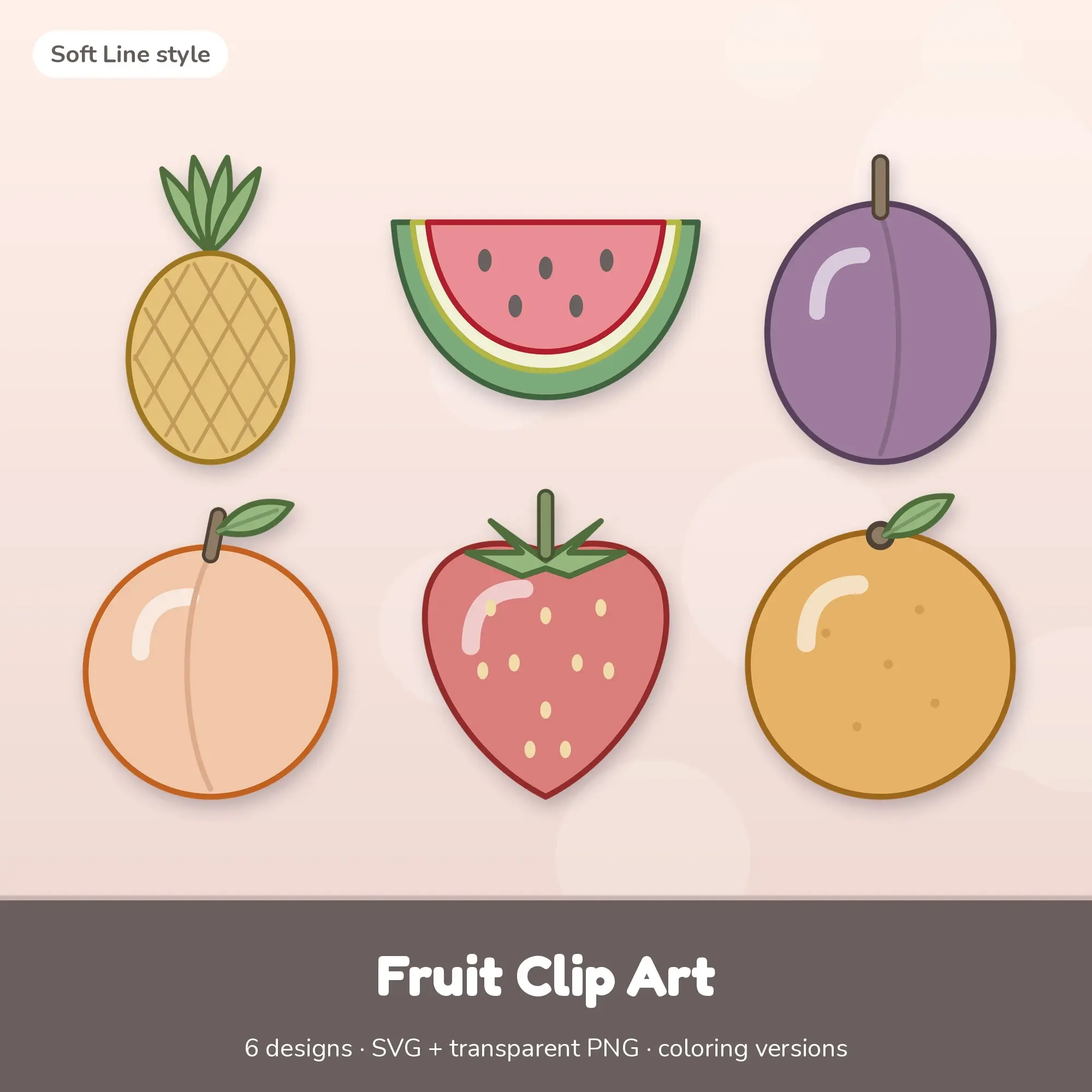 6 Fruit Clip Art Vectors - Pineapple, Watermelon Slice, Plum preview