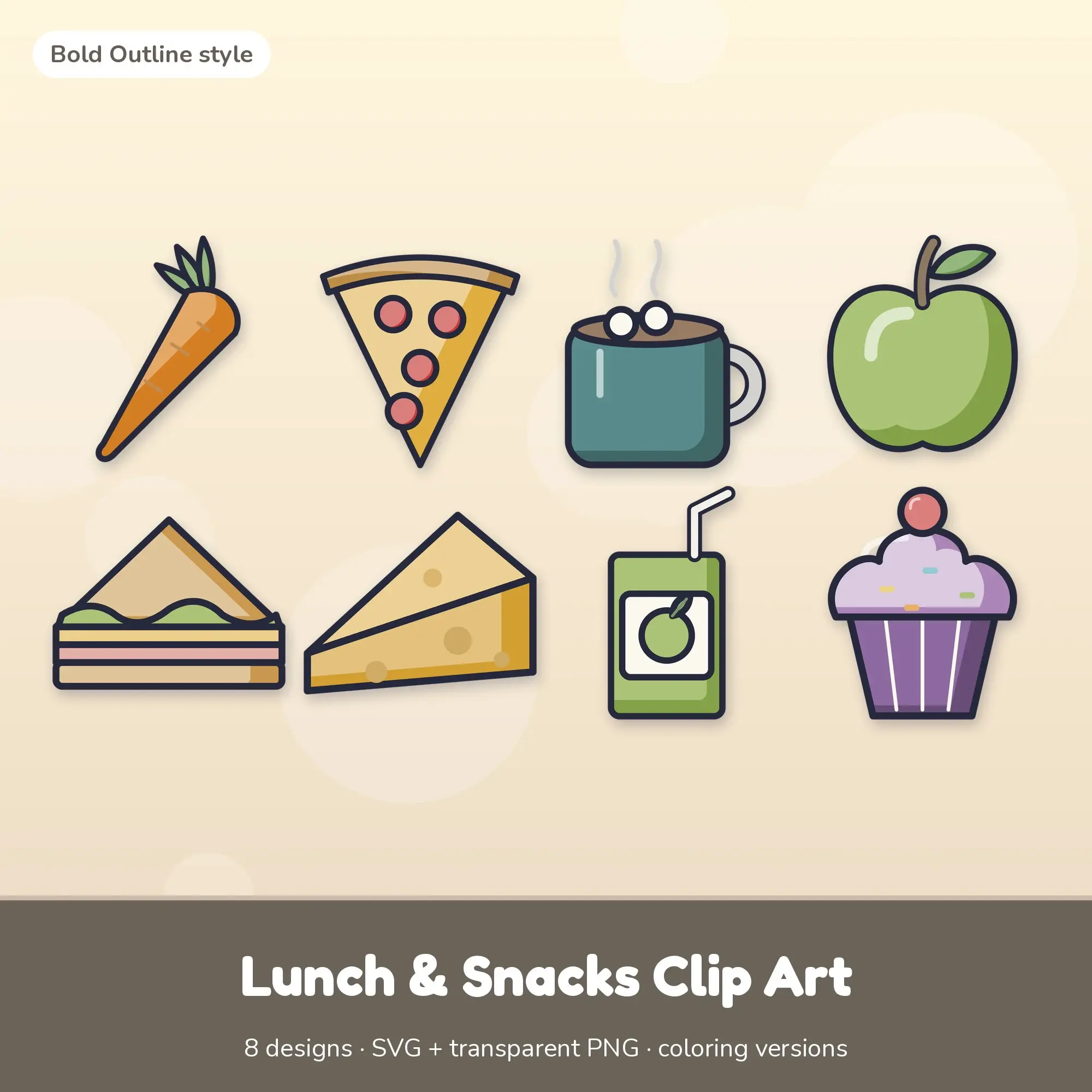 Lunch & Snacks Vector Clipart Bundle: Carrot, Pizza Slice + 6 More preview
