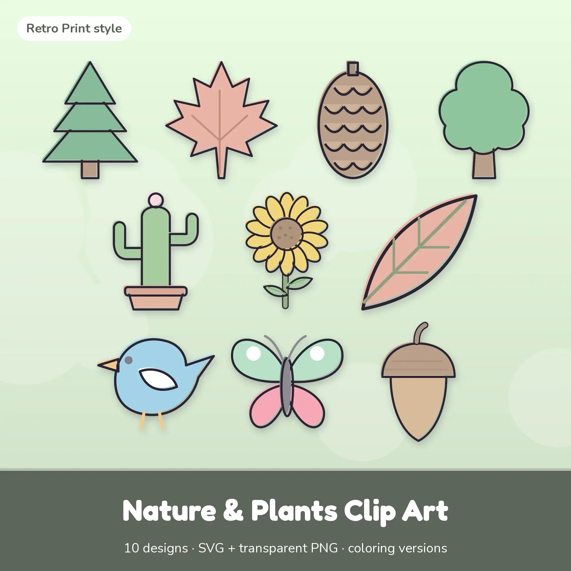 Soft Pastel Retro Print Nature & Plants Clipart - 10 SVG and PNG preview