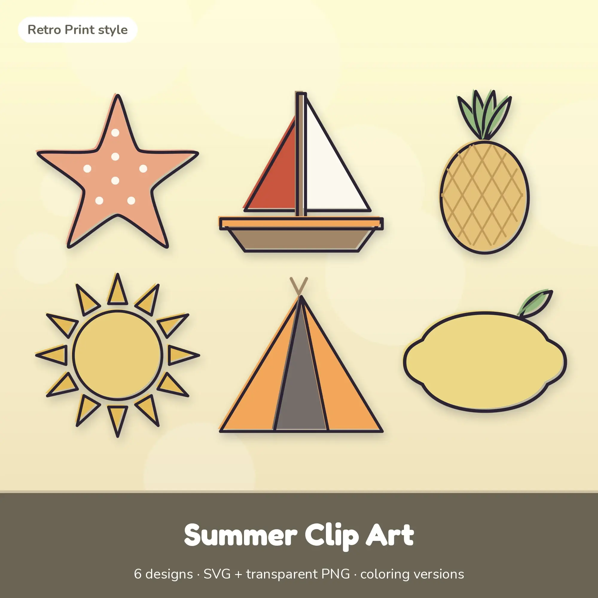 Vintage Retro Print Summer Clipart - 6 SVG and PNG preview