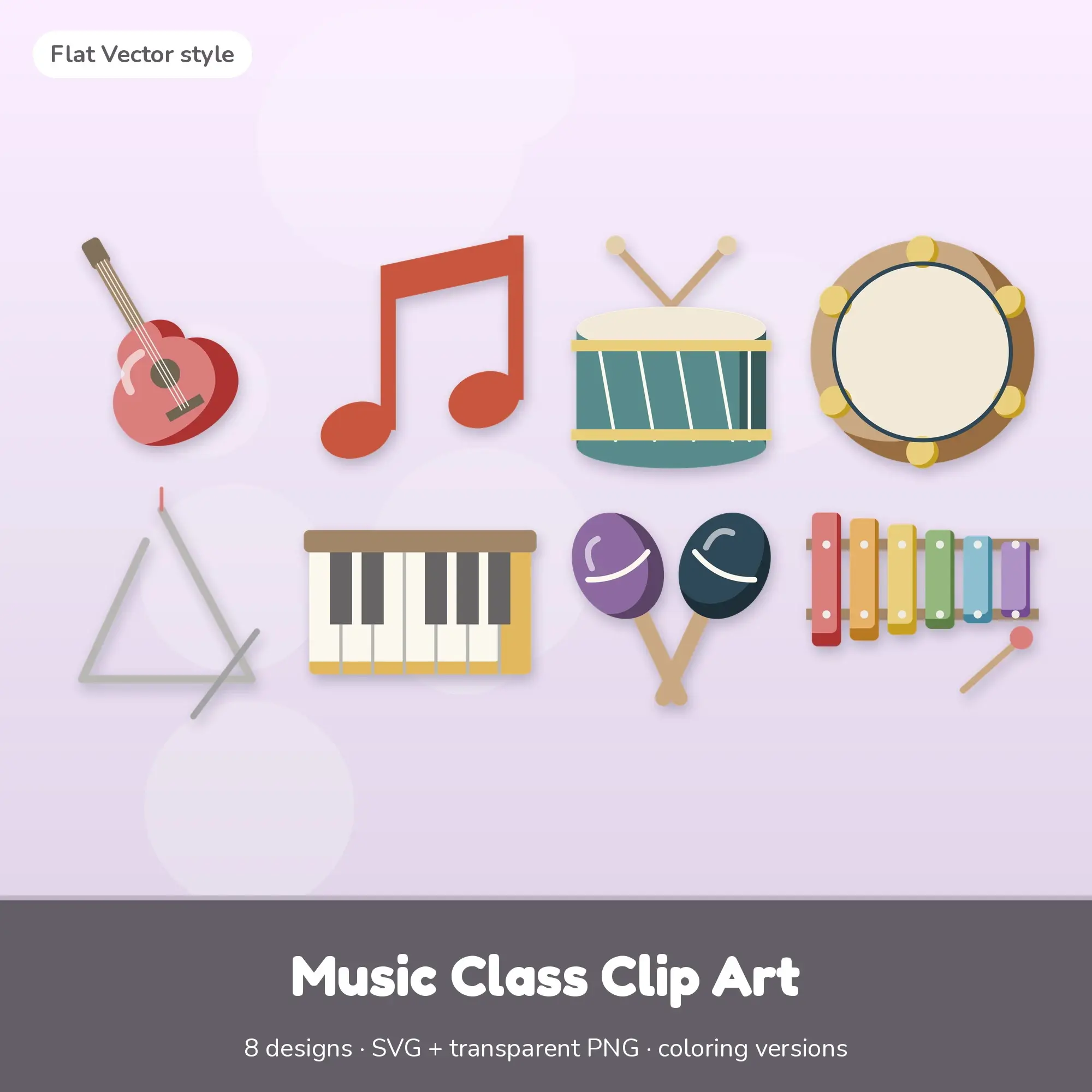 Flat Vector Music Class Clipart Set: 8 Vector Designs, SVG PNG preview
