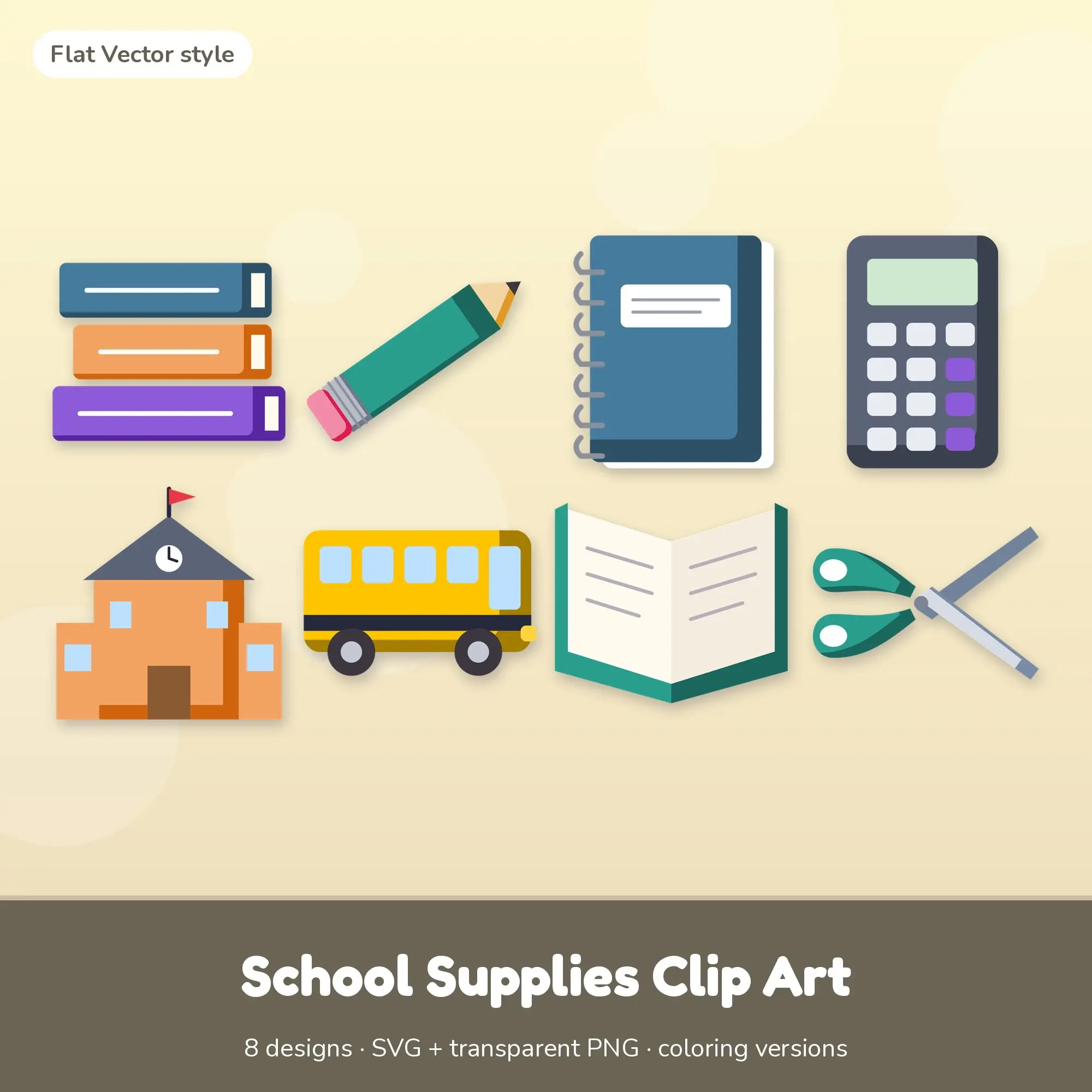 Classic Bright Flat Vector School Supplies Clipart - 8 SVG and PNG preview