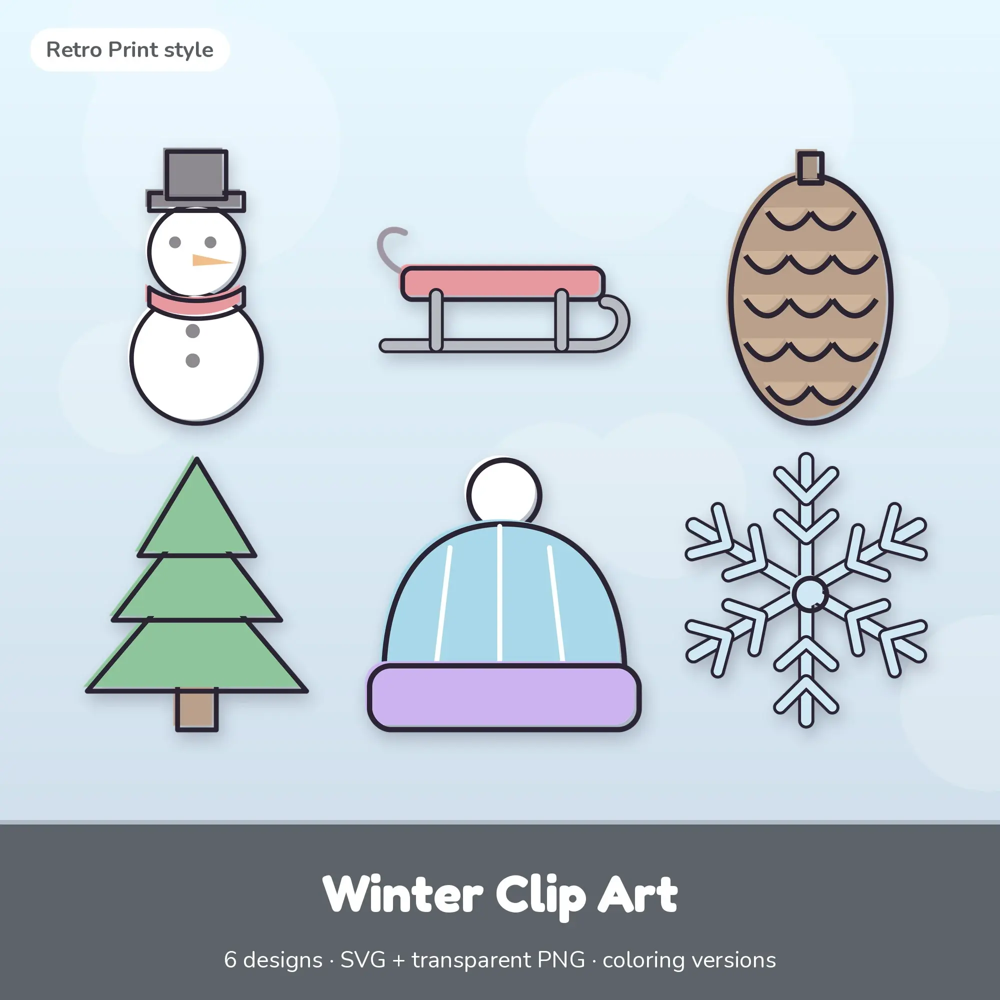Retro Print Winter Clipart Set: 6 Vector Designs, SVG PNG preview