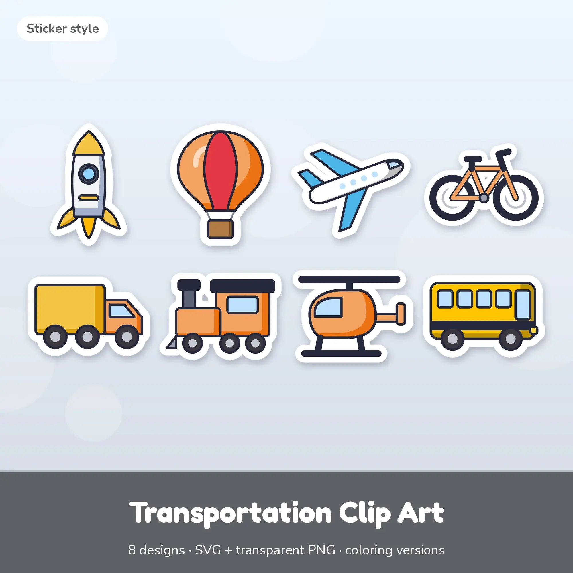 Sticker Transportation Clipart Set: 8 Vector Designs, SVG PNG preview