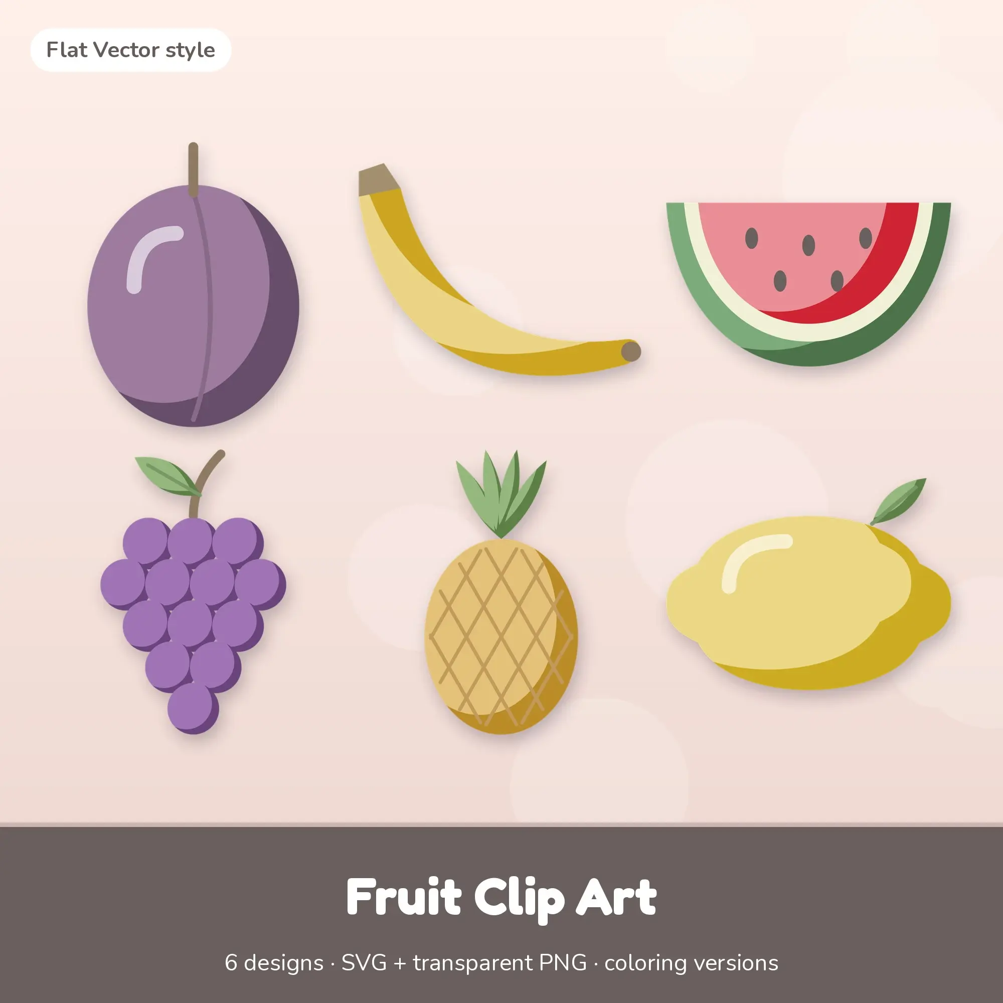Flat Vector Fruit Clipart Set: 6 Vector Designs, SVG PNG preview
