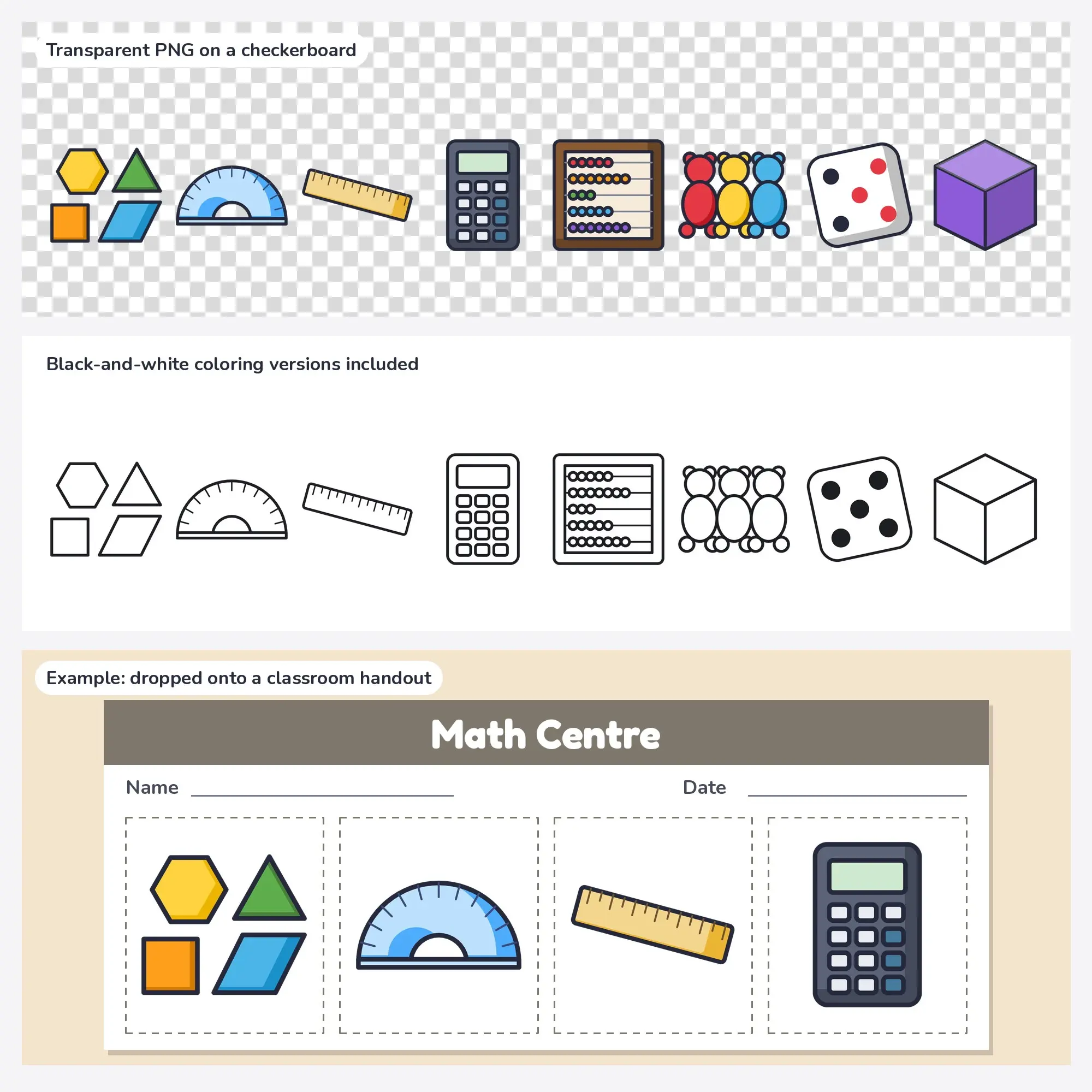 8 Math Tools Clip Art Vectors - Pattern Blocks, Protractor, Ruler, preview 2 of 2