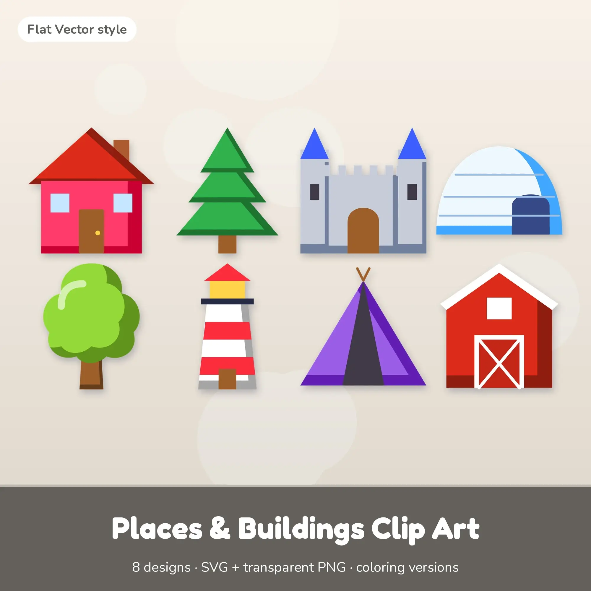8 Places & Buildings Clip Art Vectors - House, Pine Tree, Castle preview