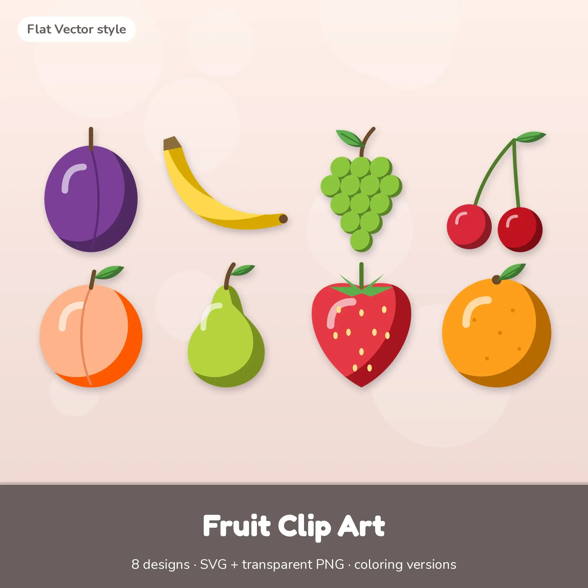Fruit Clip Art SVG & PNG - Plum, Banana & More (Flat Vector) preview