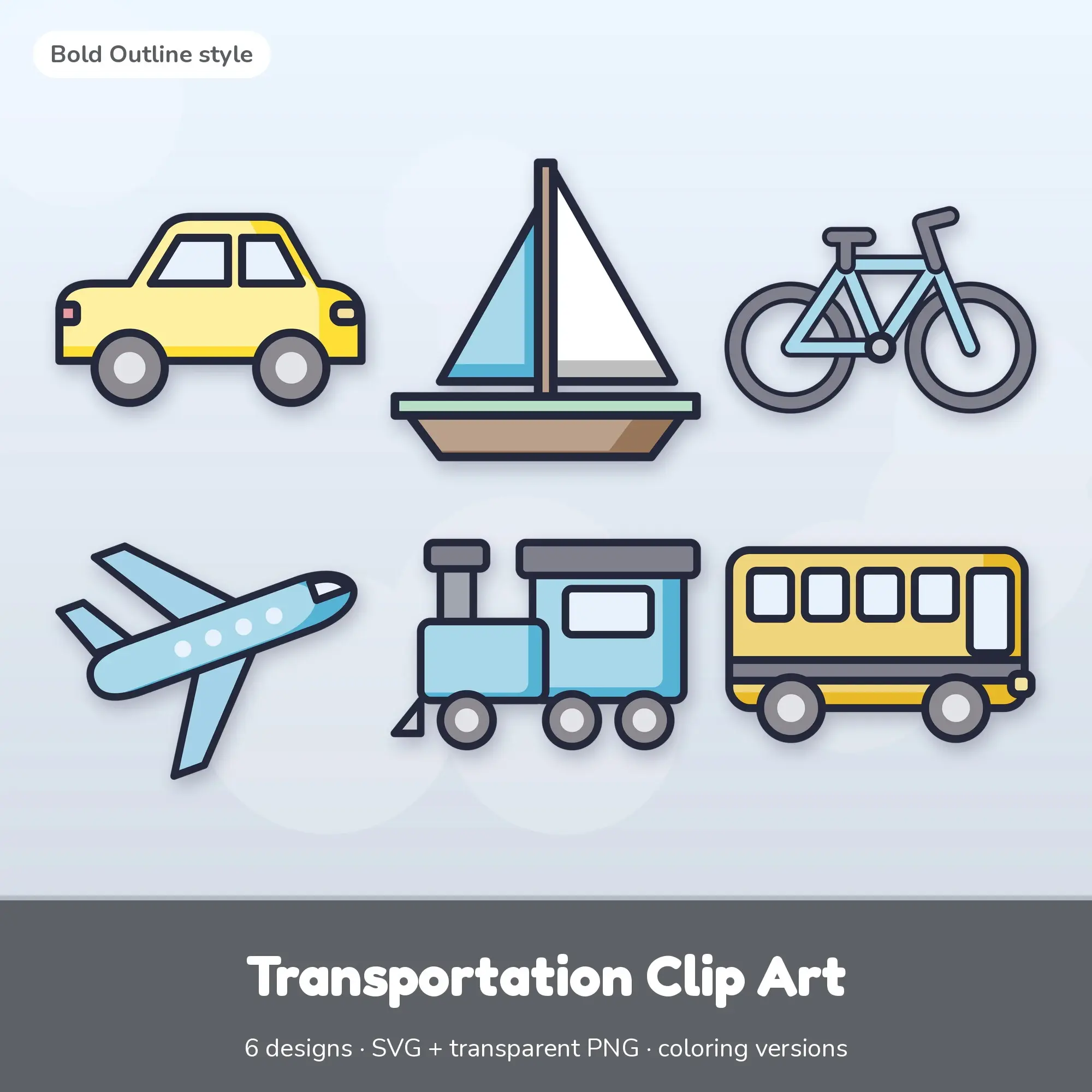 Soft Pastel Bold Outline Transportation Clipart - 6 SVG and PNG preview