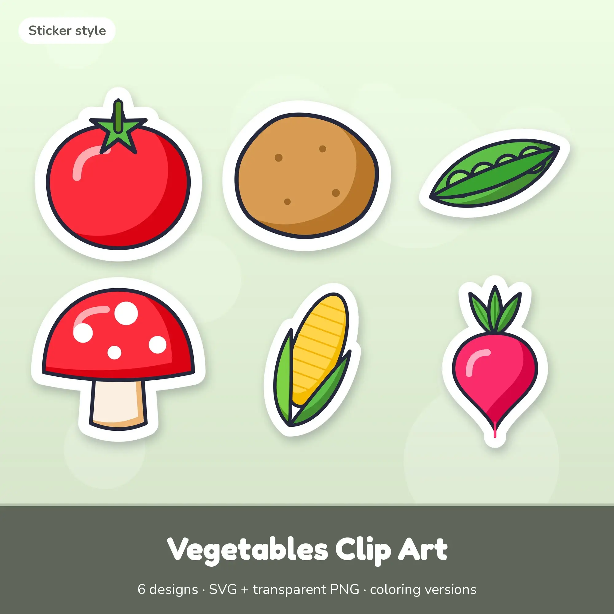 Vivid Pop Sticker Vegetables Clipart - 6 SVG and PNG preview