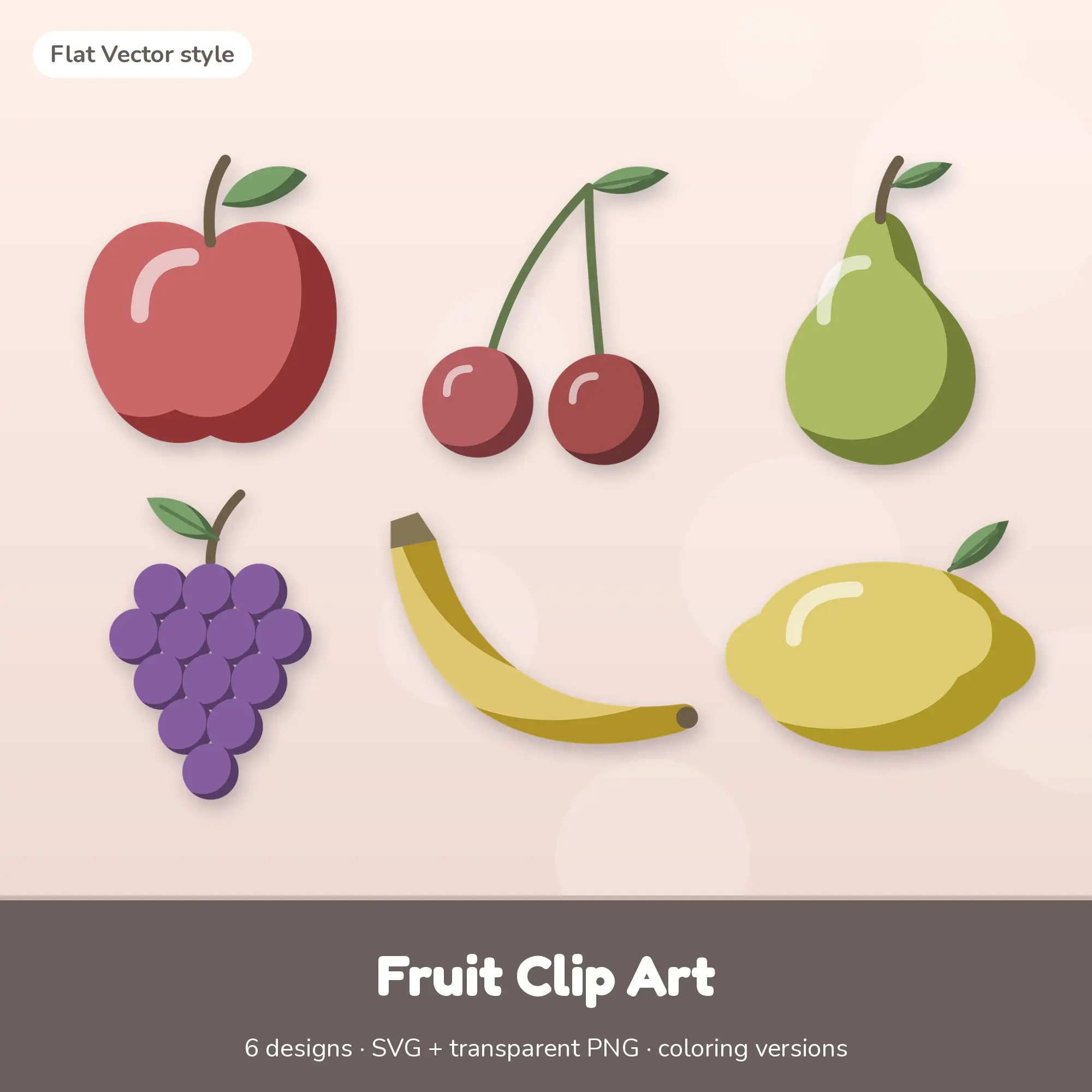 Fruit Clip Art SVG & PNG - Apple, Cherries & More (Flat Vector) preview