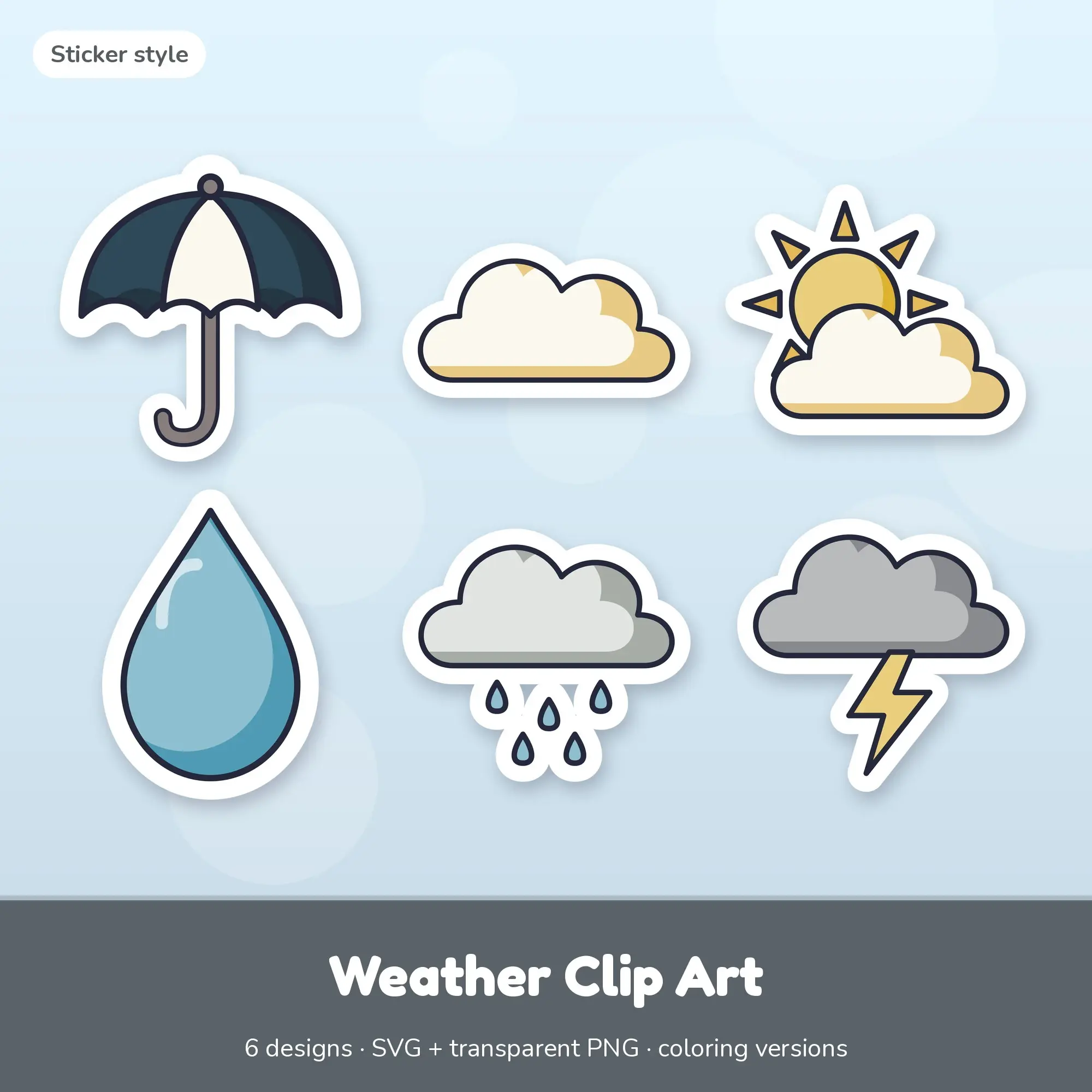 Sticker Weather Clipart Set: 6 Vector Designs, SVG PNG preview