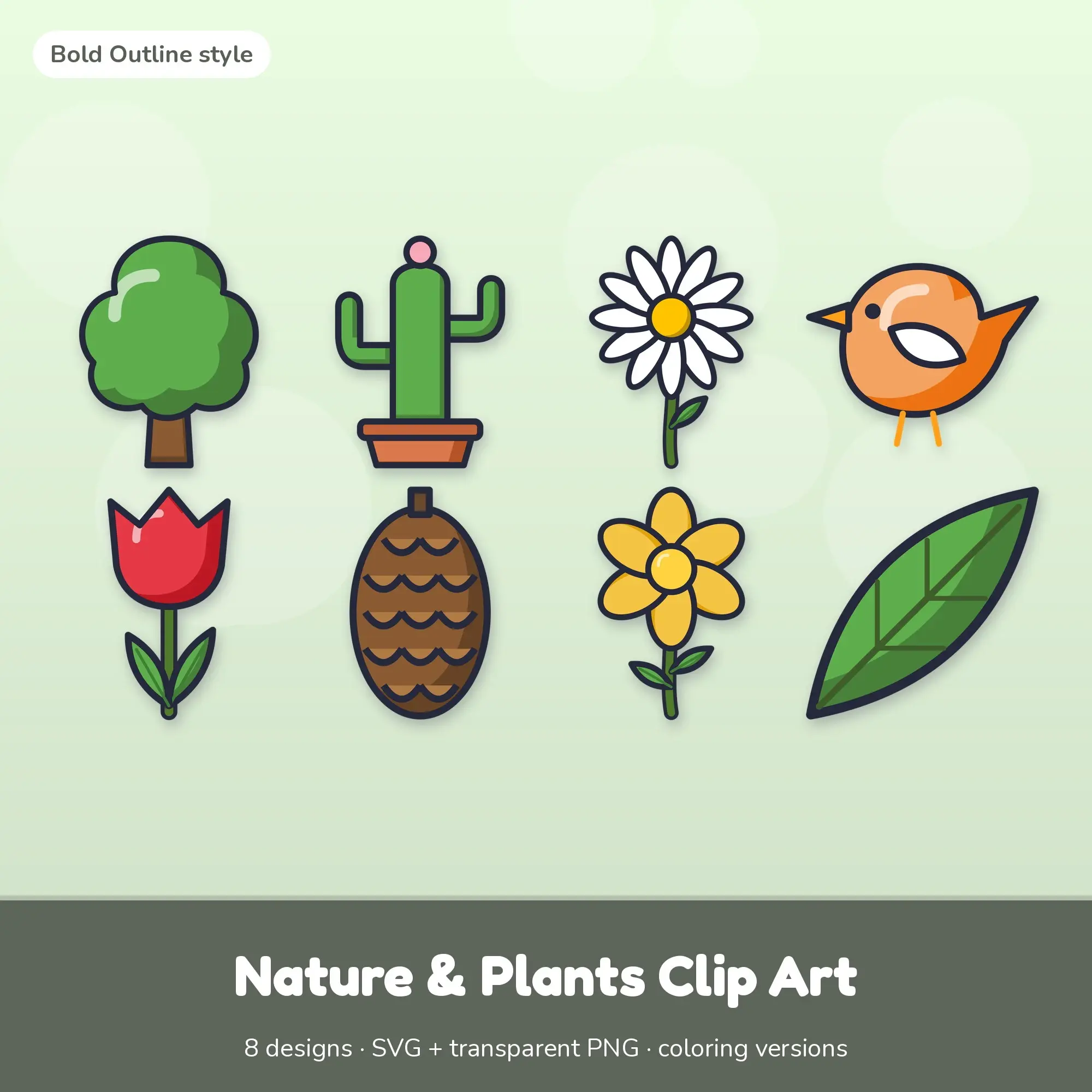 8 Nature & Plants Clip Art Vectors - Tree, Cactus, Daisy preview