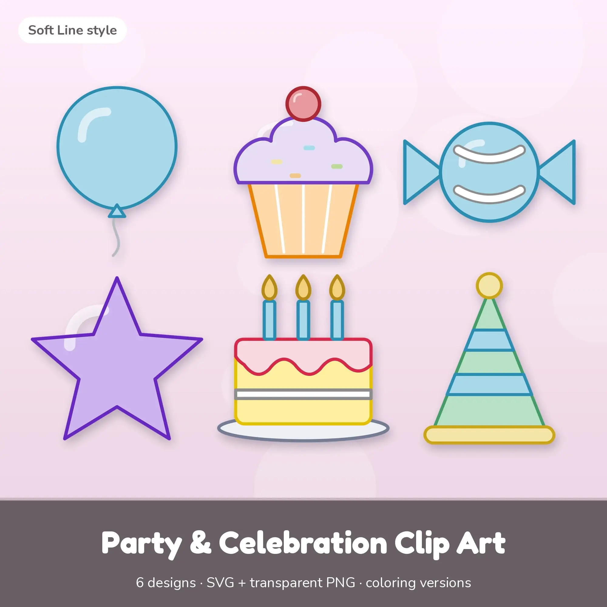 Party & Celebration Clip Art with Coloring Pages - 6 Soft Line Designs preview