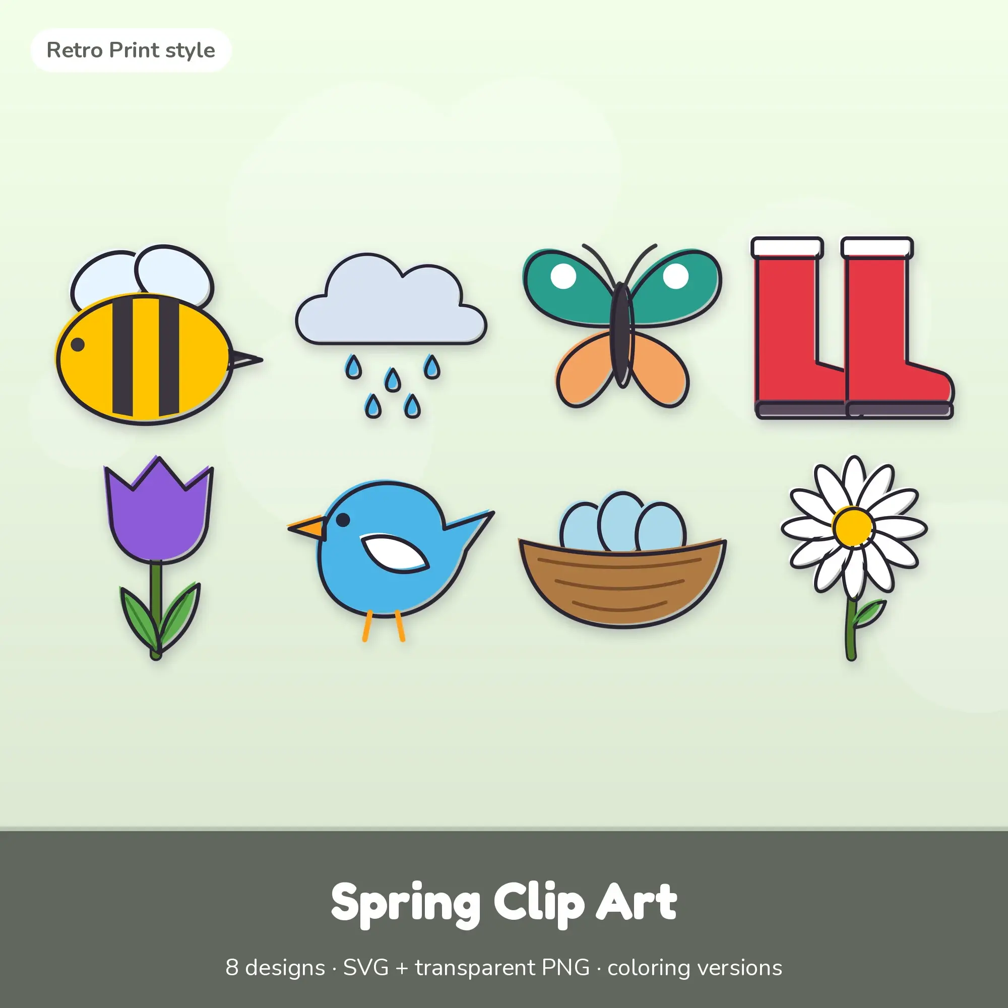 Spring Vector Clipart Bundle: Bee, Rain Cloud + 6 More preview