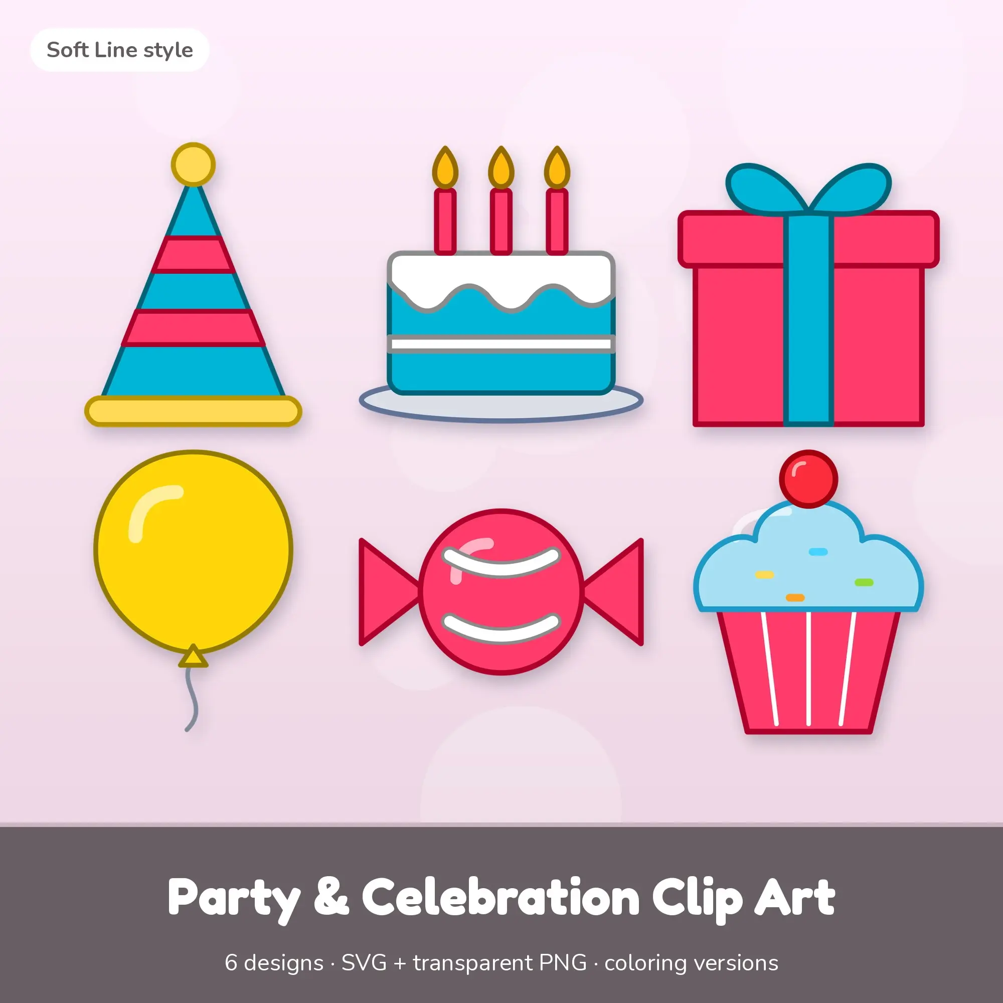 Soft Line Party & Celebration Clipart Set: 6 Vector Designs, SVG PNG preview