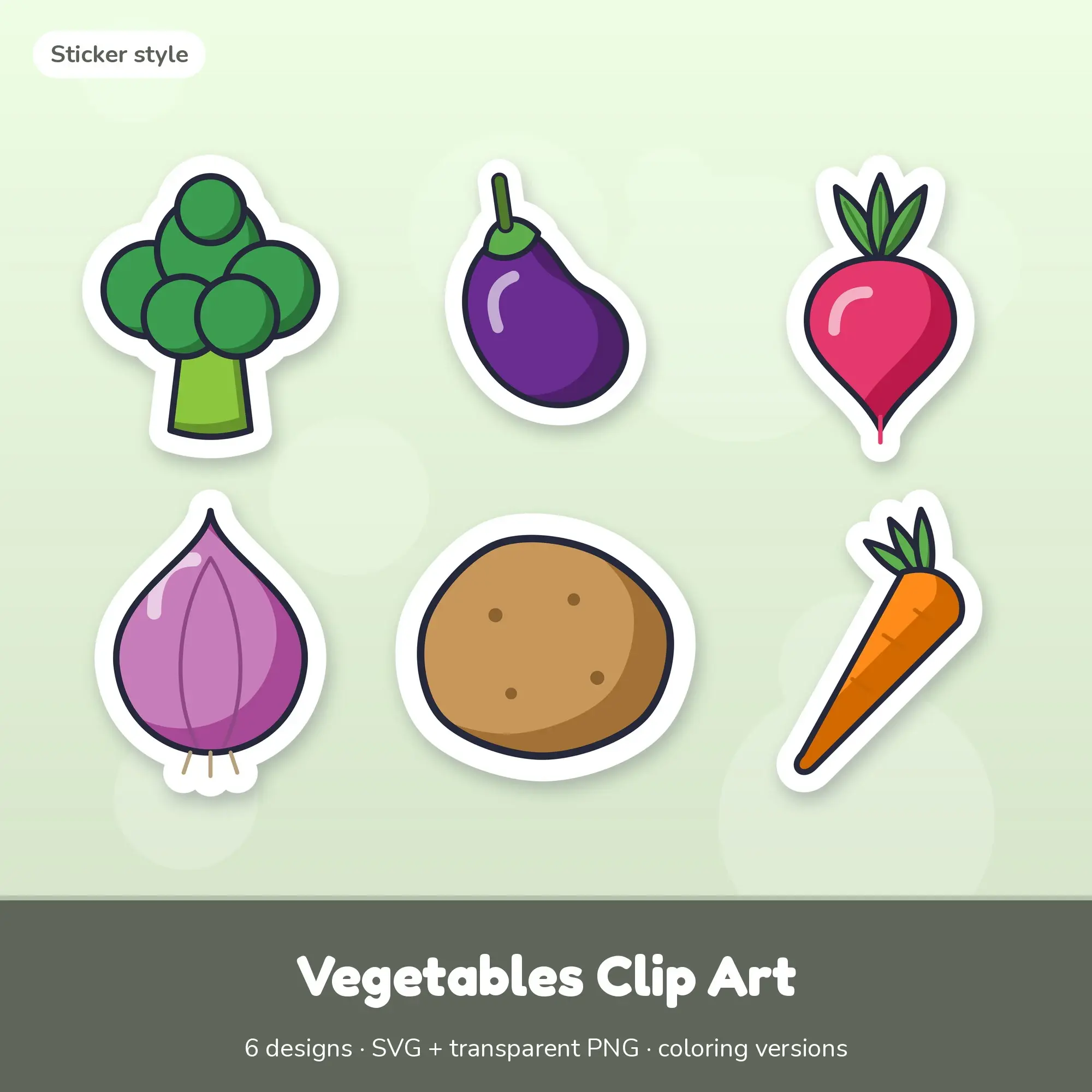 Sticker Vegetables Clipart Set: 6 Vector Designs, SVG PNG preview