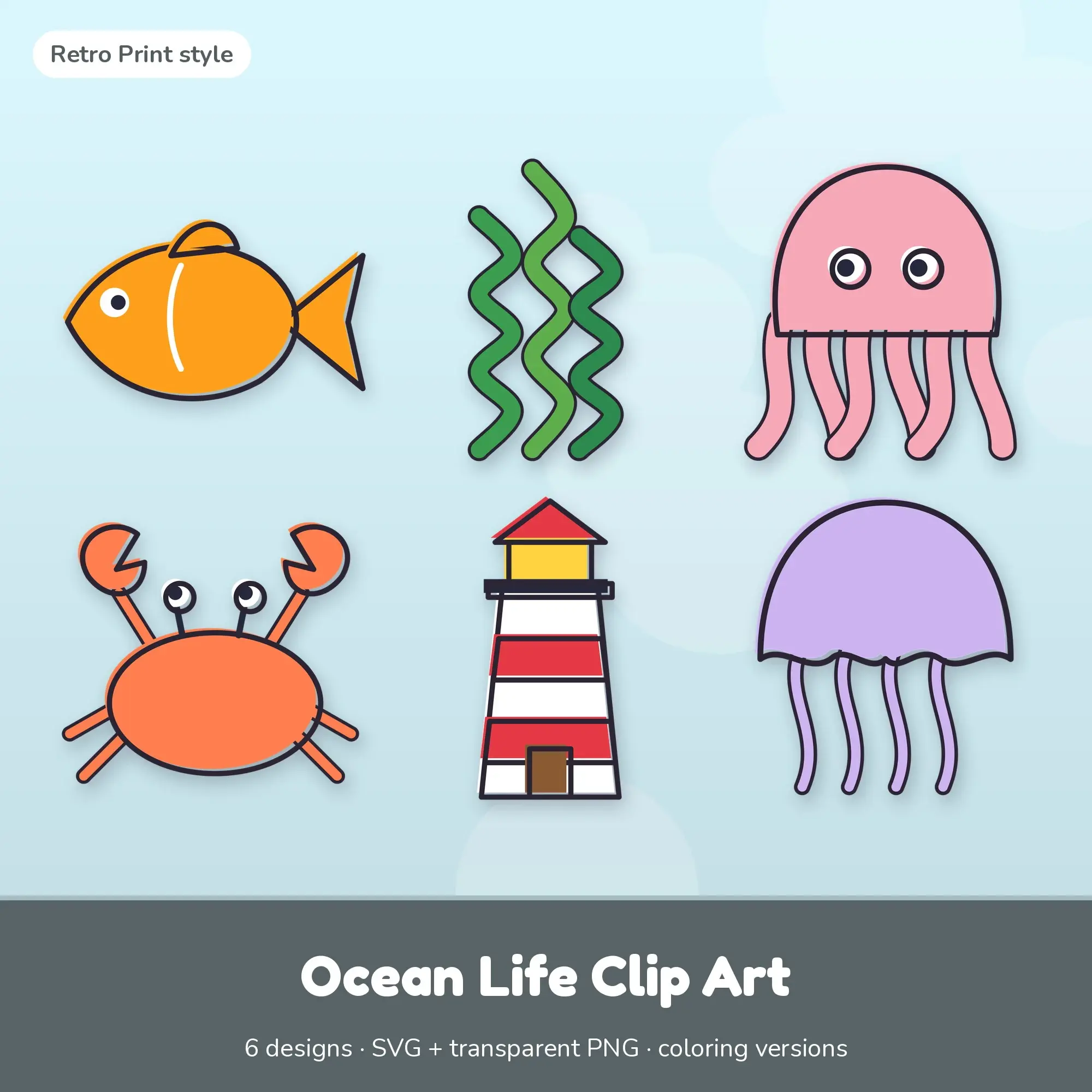 Ocean Life Clip Art SVG & PNG - Fish, Seaweed & More (Retro Print) preview