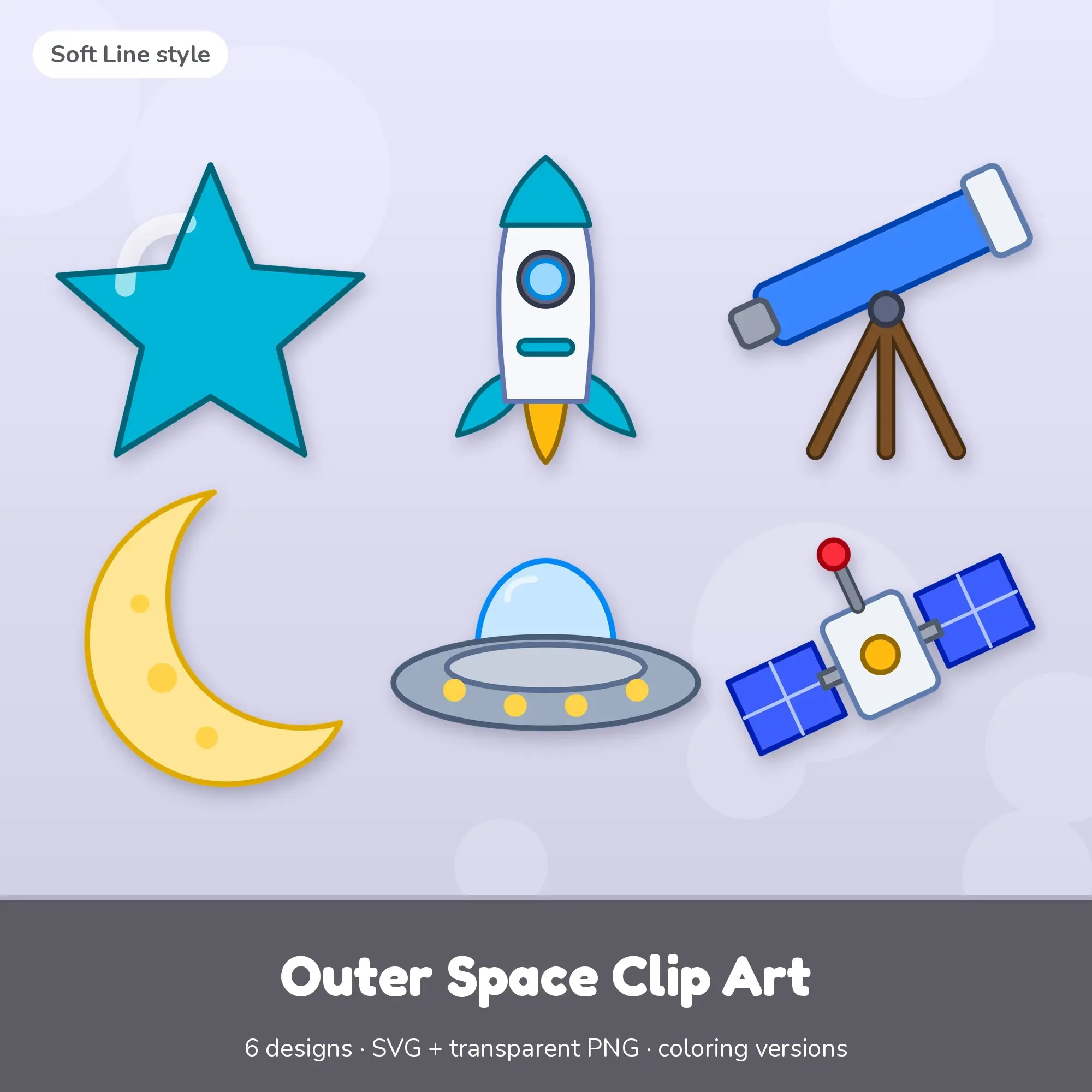 Star & Rocket Outer Space Clip Art, Soft Line SVG PNG Set preview