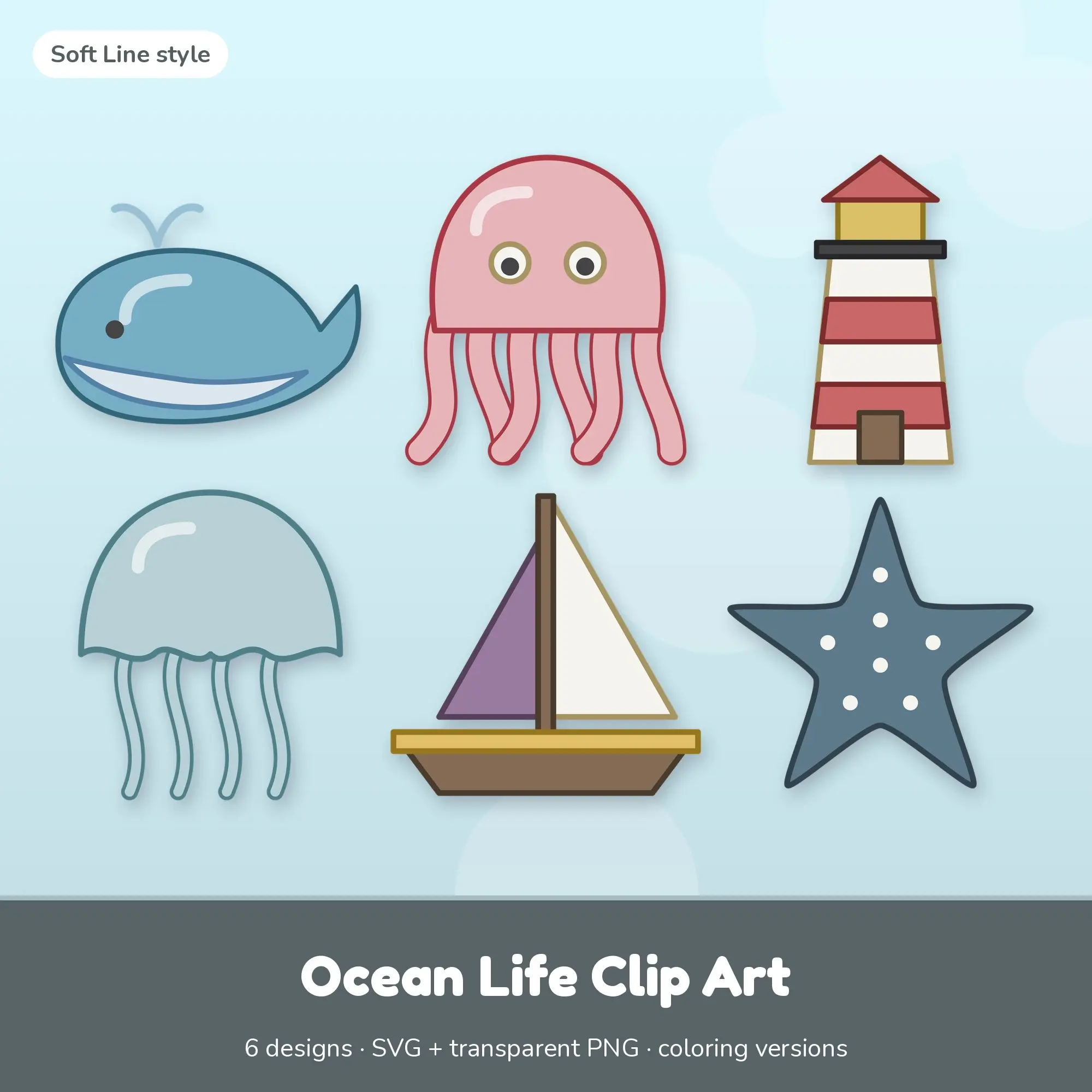 Soft Line Ocean Life Clipart Set: 6 Vector Designs, SVG PNG preview