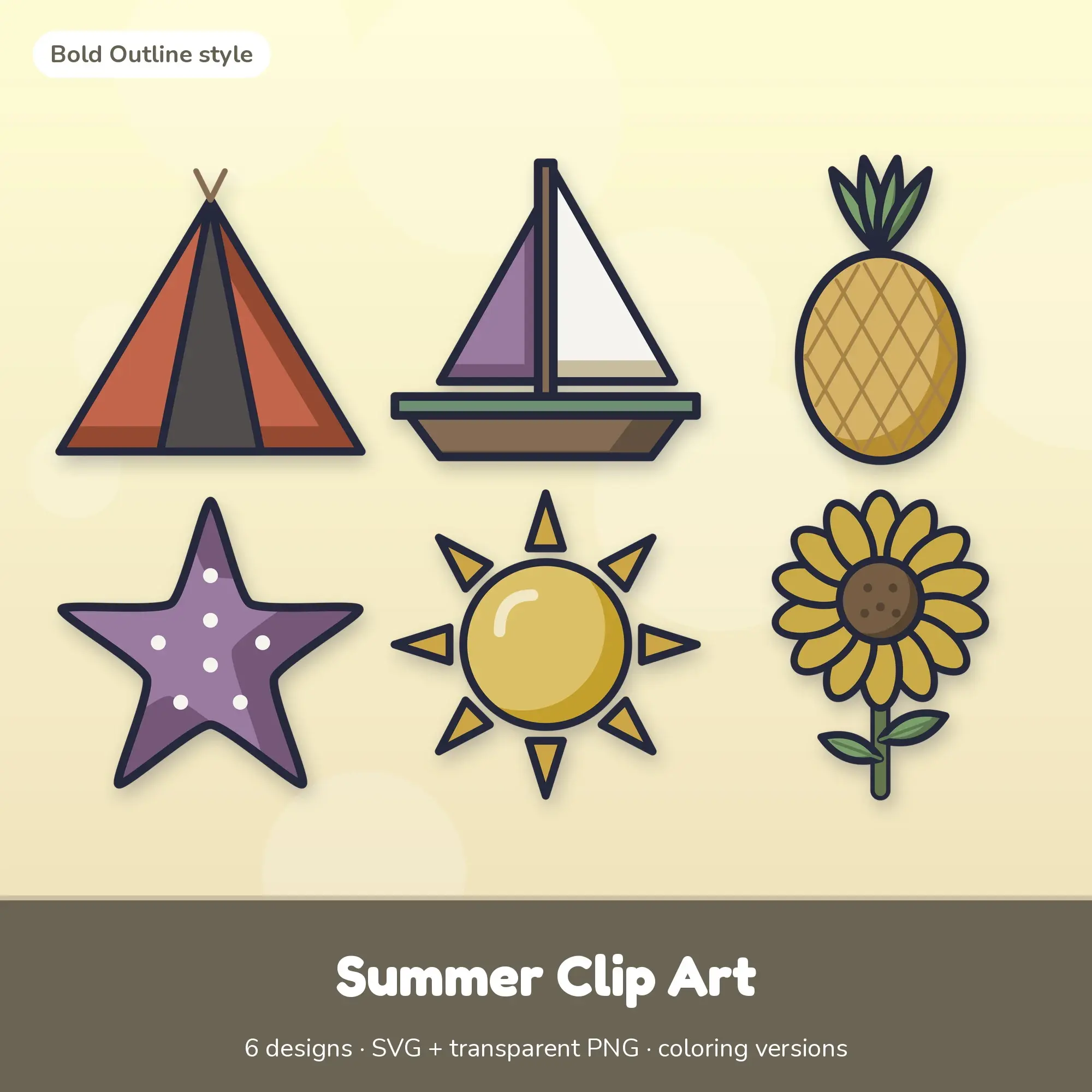 Summer Clip Art SVG & PNG - Tent, Sailboat & More (Bold Outline) preview
