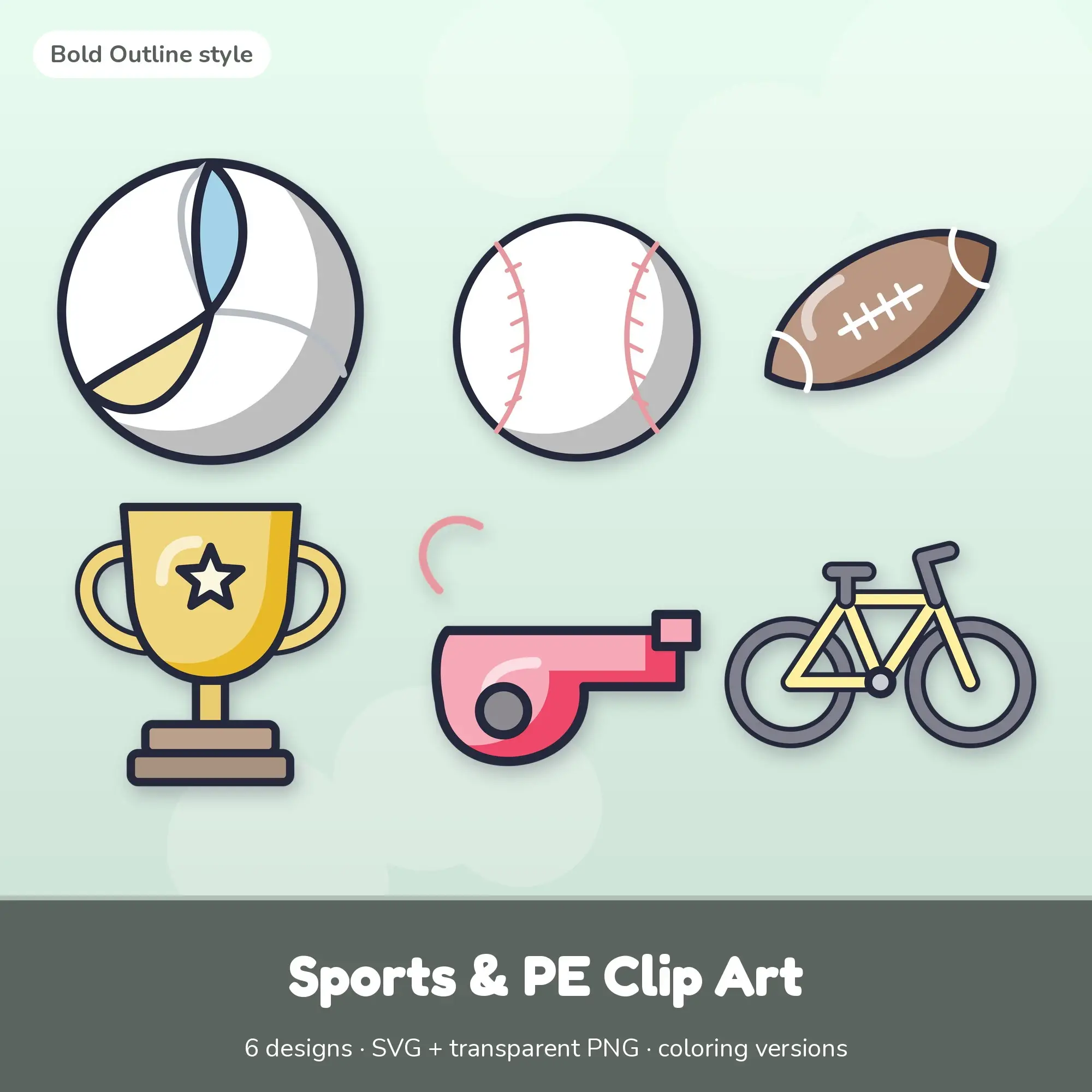 Sports & PE Vector Clipart Bundle: Volleyball, Baseball + 4 More preview