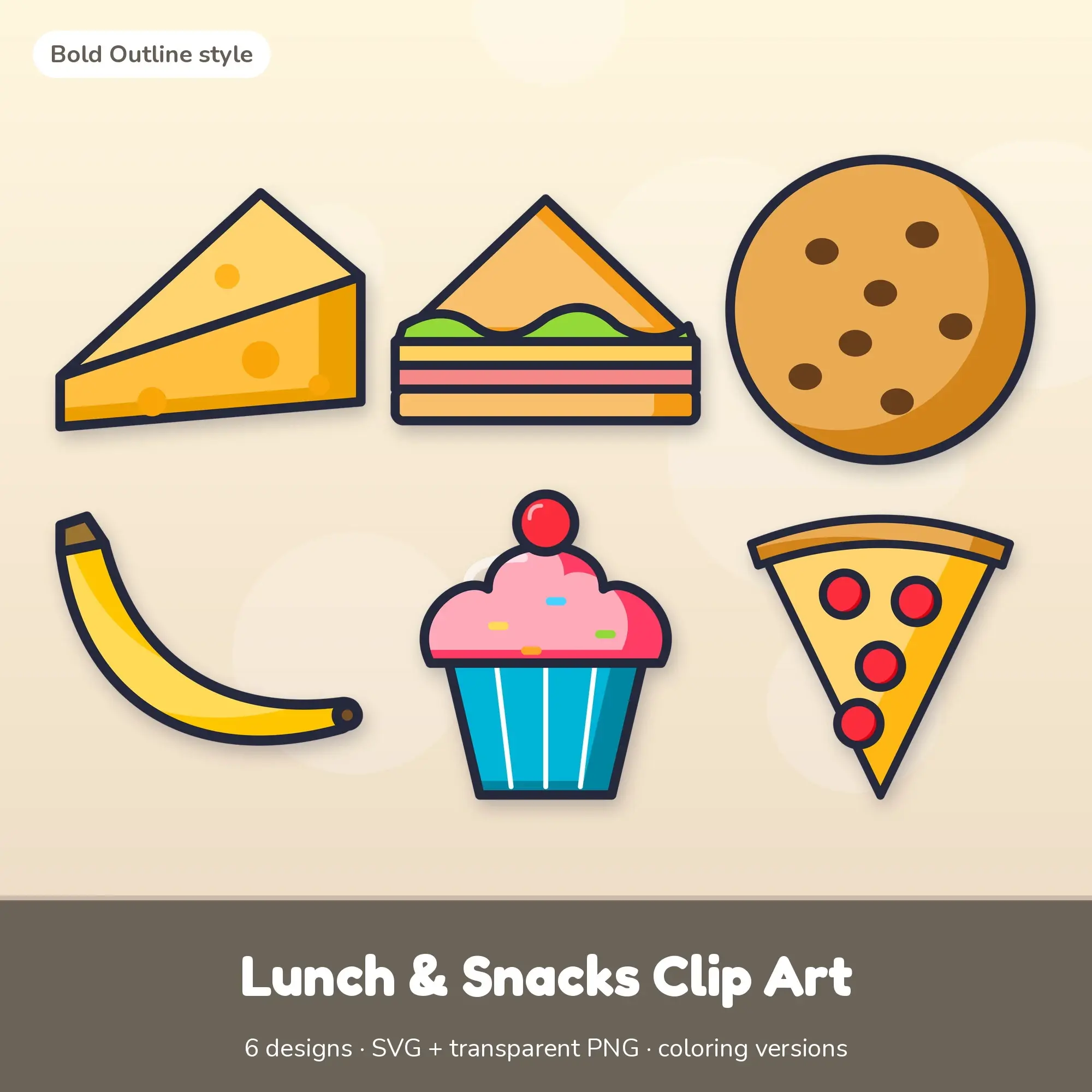 Lunch & Snacks Clip Art with Coloring Pages - 6 Bold Outline Designs preview