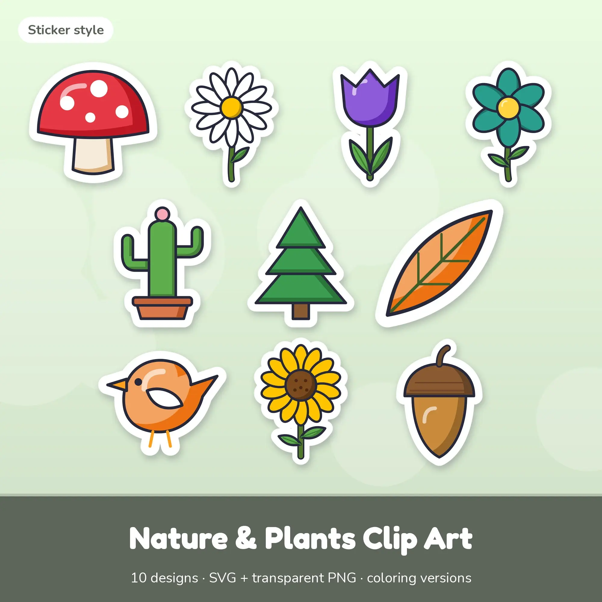 Nature & Plants Clip Art SVG & PNG - Mushroom, Daisy & More (Sticker) preview