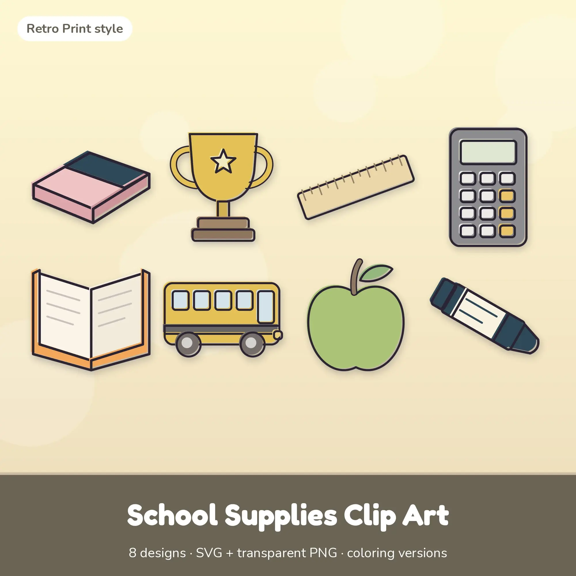 8 School Supplies Clip Art Vectors - Eraser, Trophy, Ruler preview