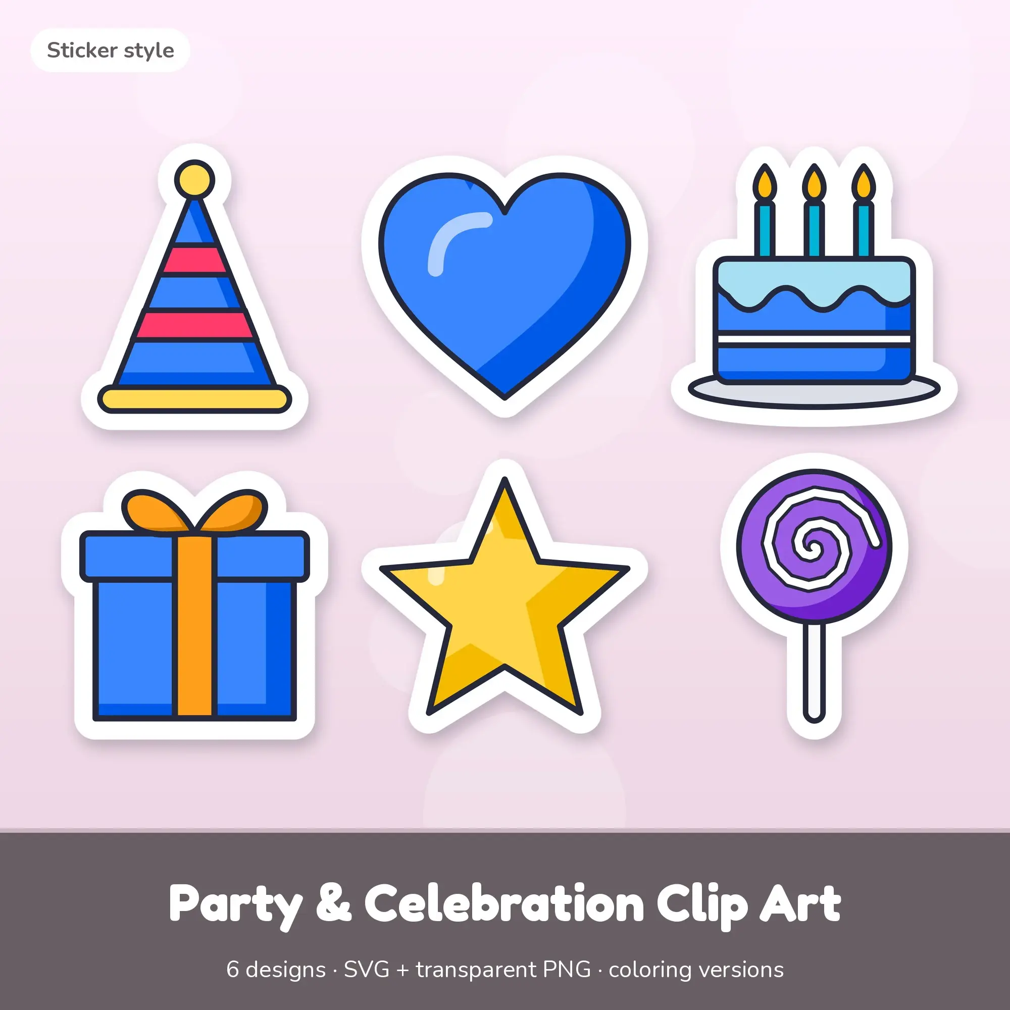 Sticker Party & Celebration Clipart Set: 6 Vector Designs, SVG PNG preview