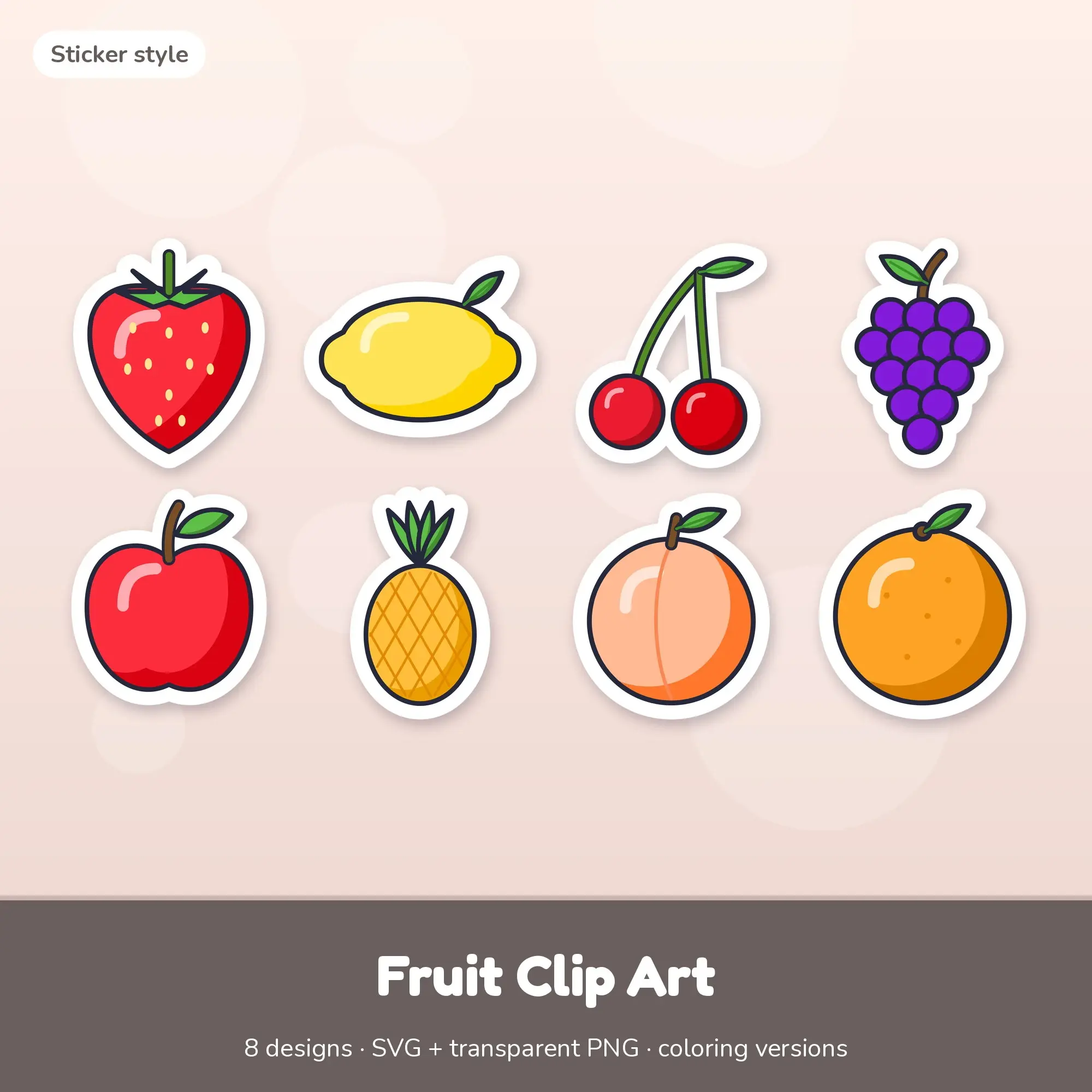 Fruit Clip Art with Coloring Pages - 8 Sticker Designs preview