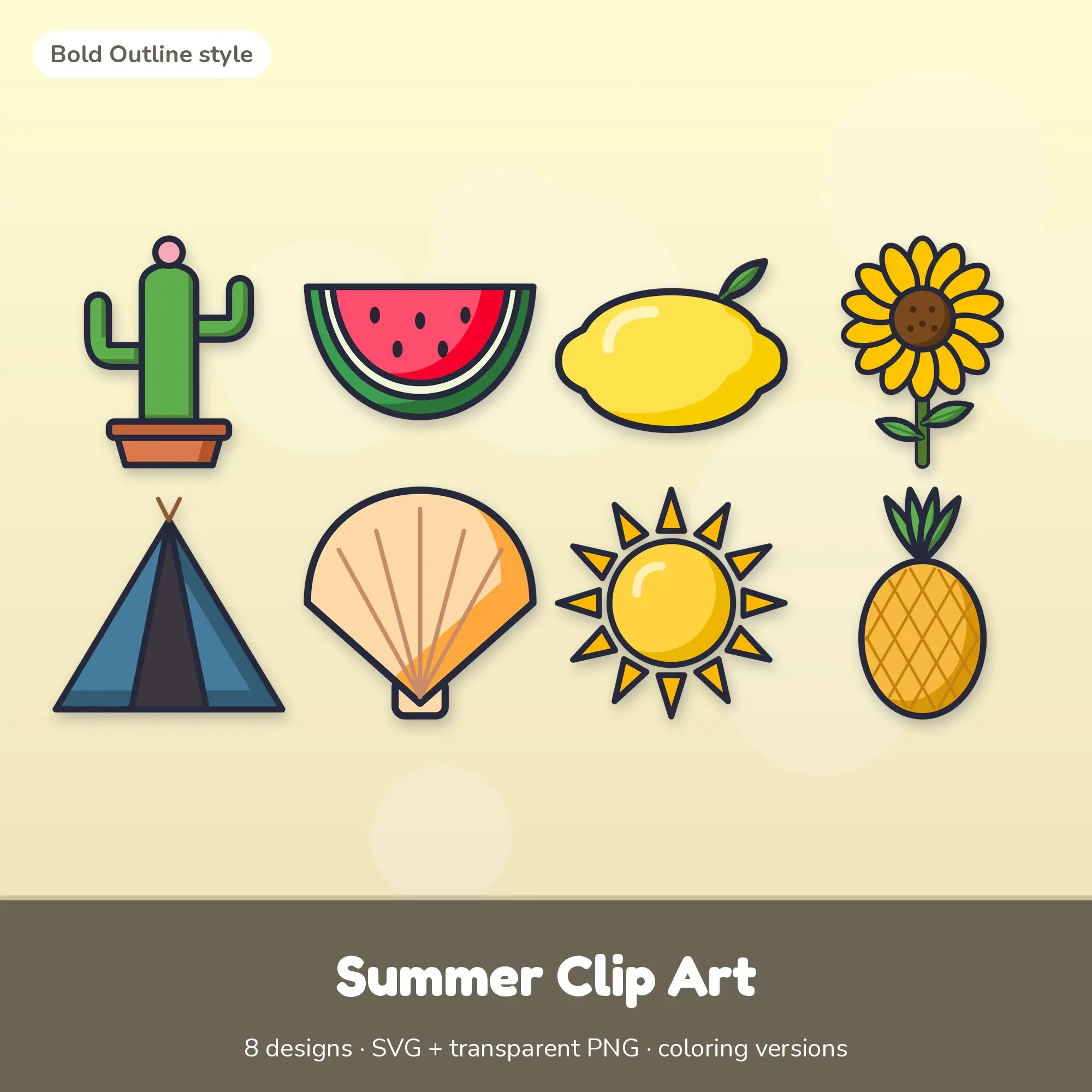 Classic Bright Summer Clip Art - 8 SVG + PNG Designs preview