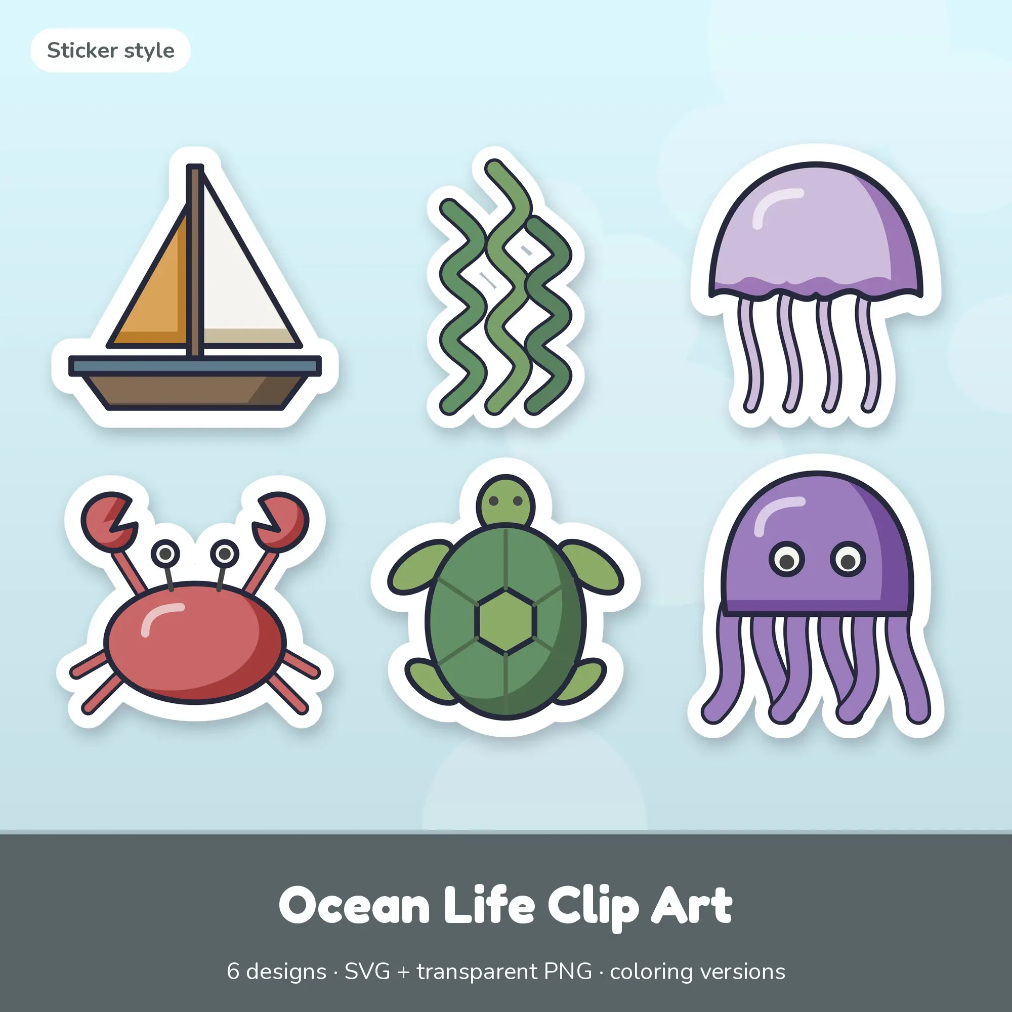 6 Ocean Life Clip Art Vectors - Sailboat, Seaweed, Jellyfish preview