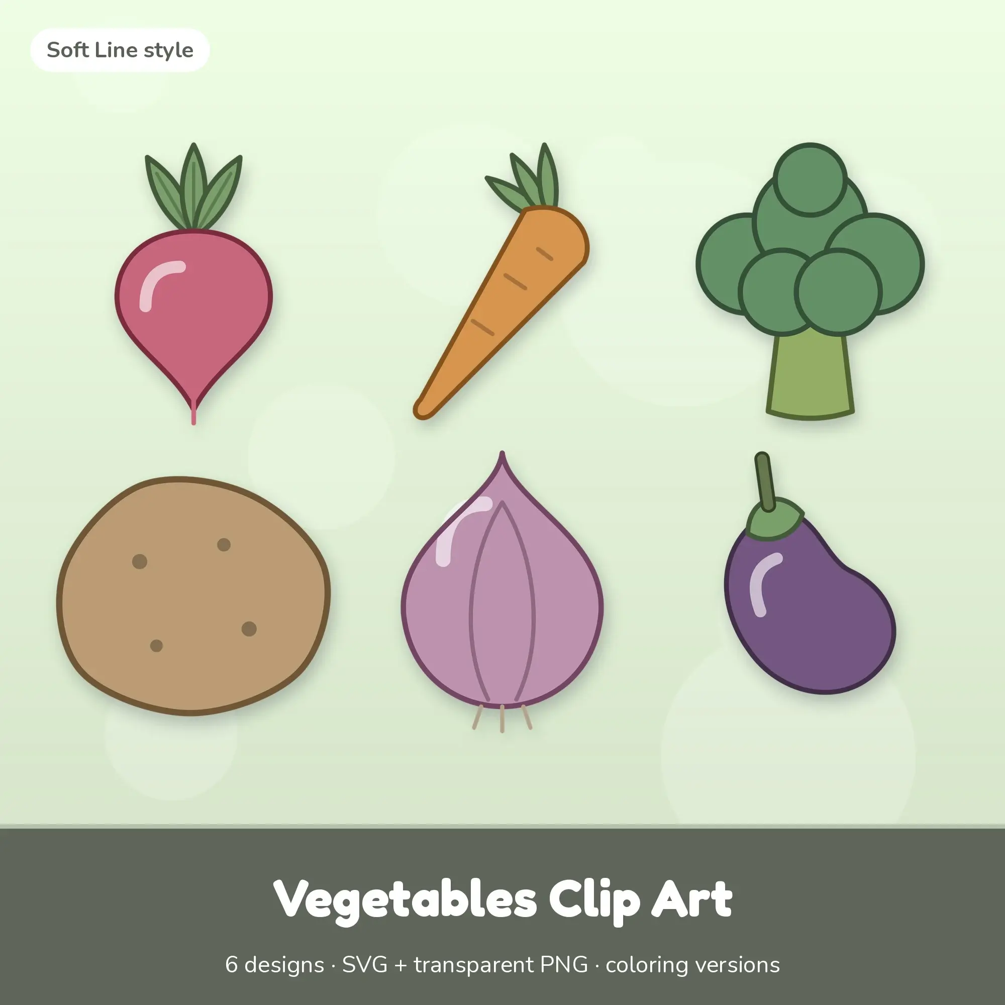Vegetables Clip Art with Coloring Pages - 6 Soft Line Designs preview