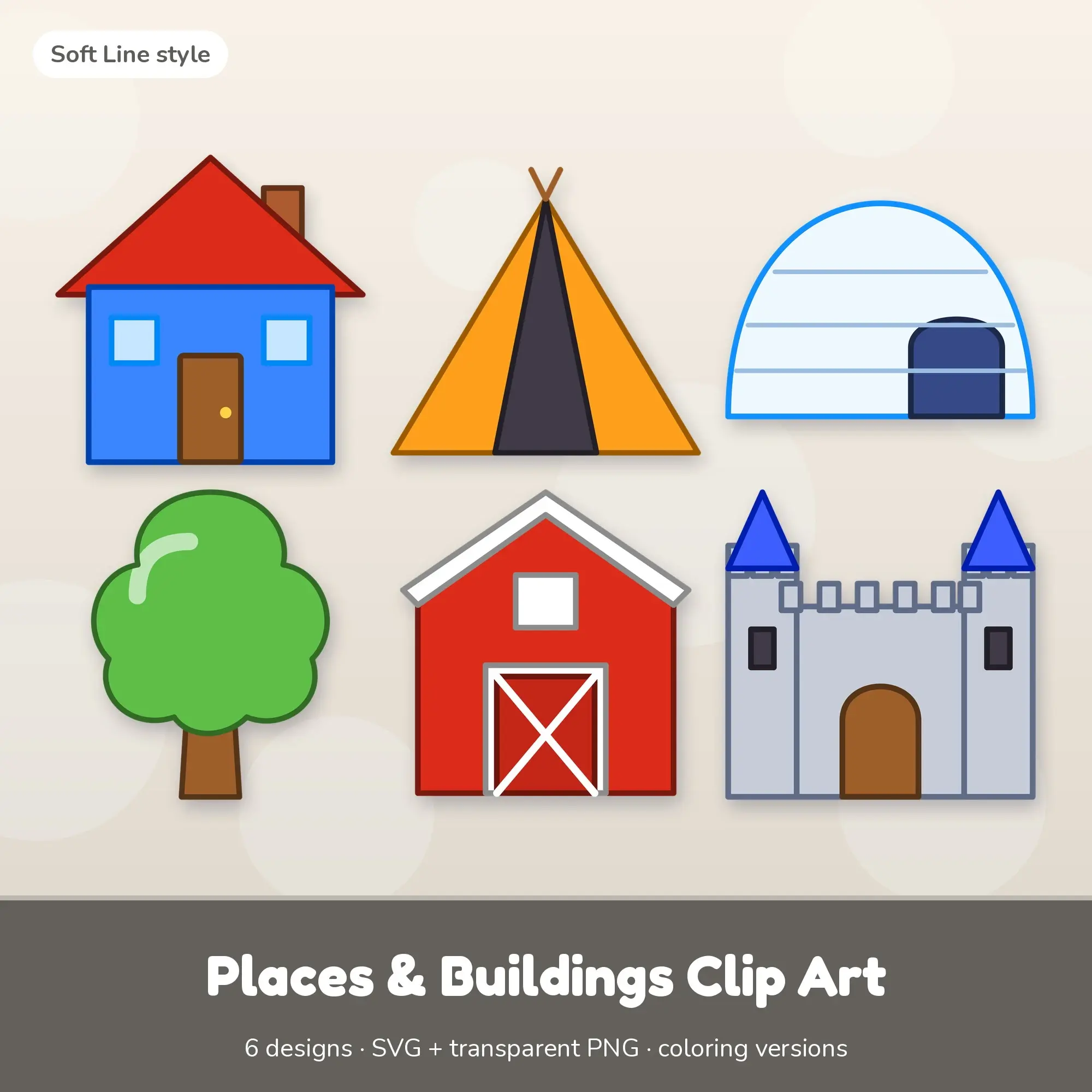 Places & Buildings Clip Art with Coloring Pages - 6 Soft Line Designs preview