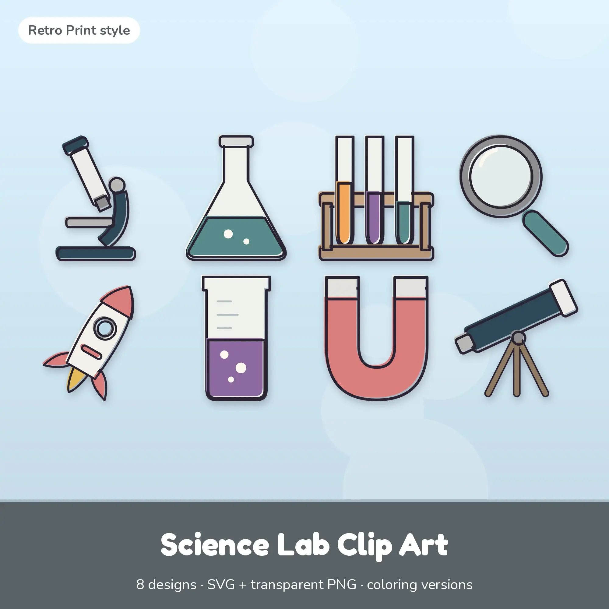 Retro Print Science Lab Clipart Set: 8 Vector Designs, SVG PNG preview