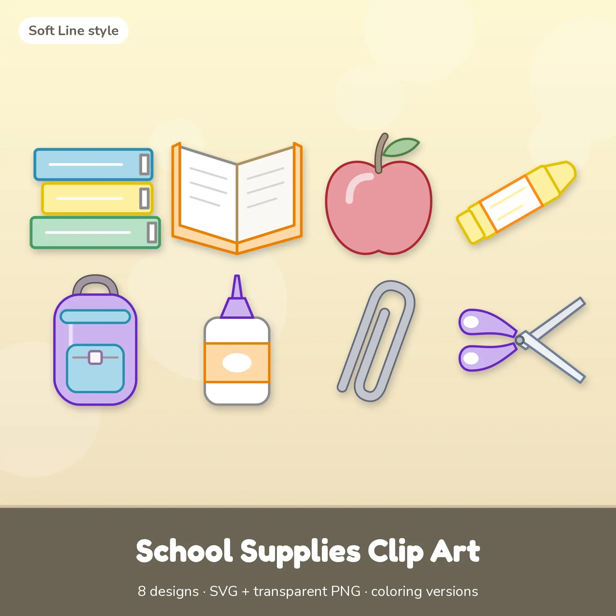 8 School Supplies Clip Art Vectors - Book Stack, Book, Apple, preview 1 of 2
