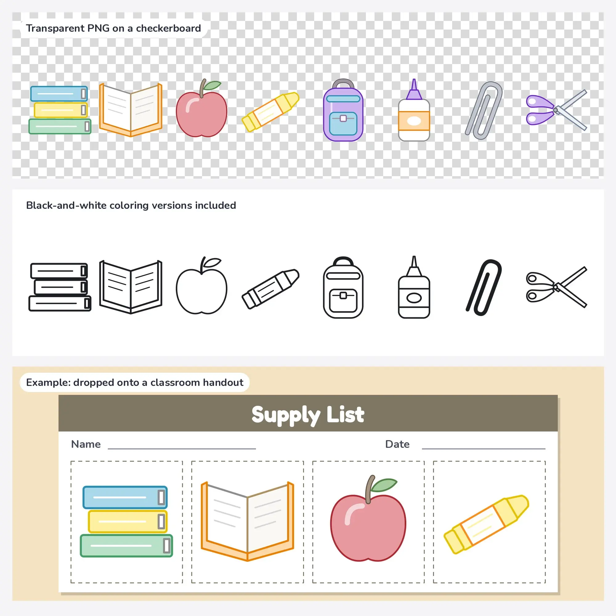 8 School Supplies Clip Art Vectors - Book Stack, Book, Apple, preview 2 of 2