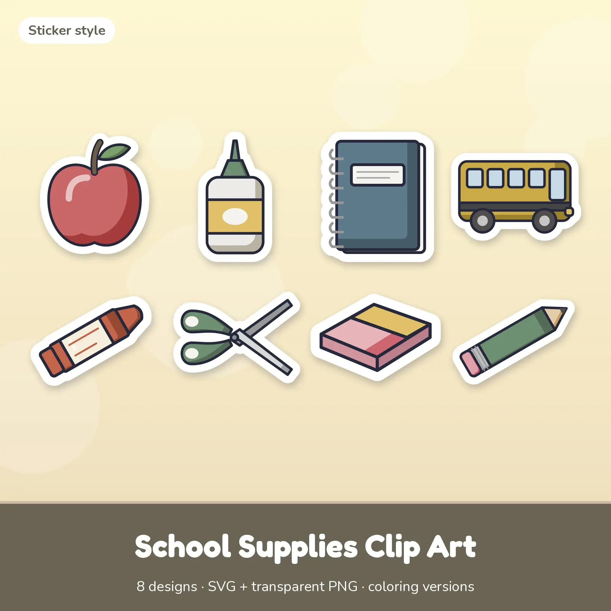 School Supplies Clip Art with Coloring Pages - 8 Sticker Designs preview