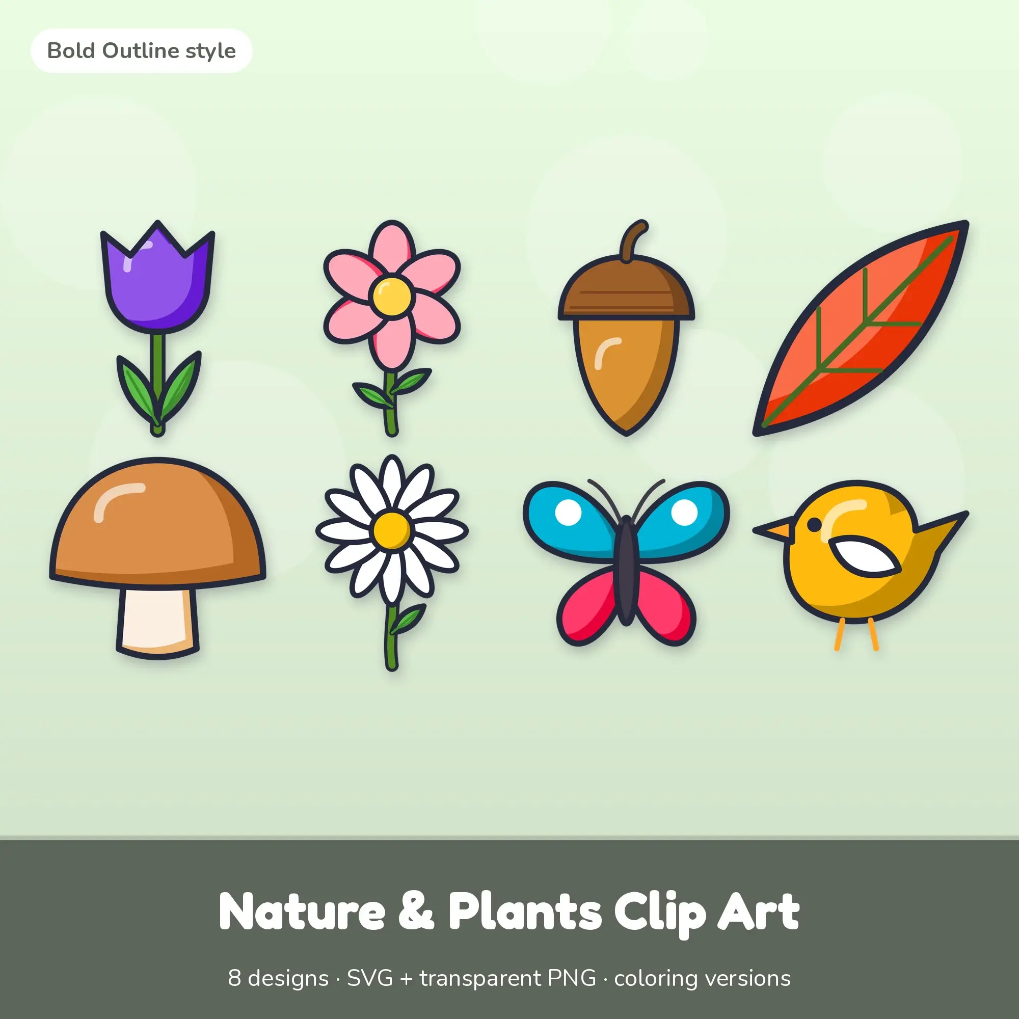 Bold Outline Nature & Plants Clipart Set: 8 Vector Designs, SVG PNG preview