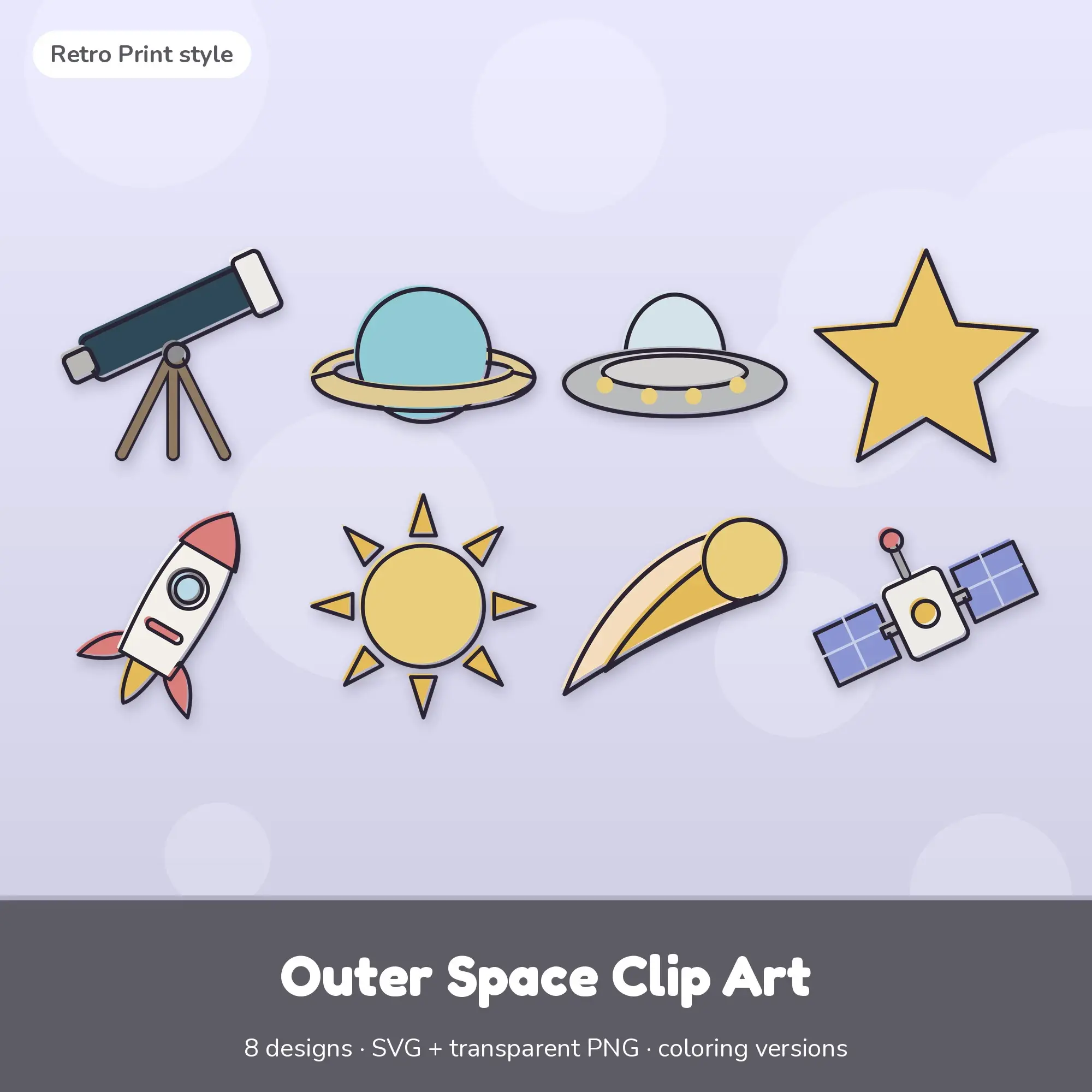 Outer Space Clip Art with Coloring Pages - 8 Retro Print Designs preview