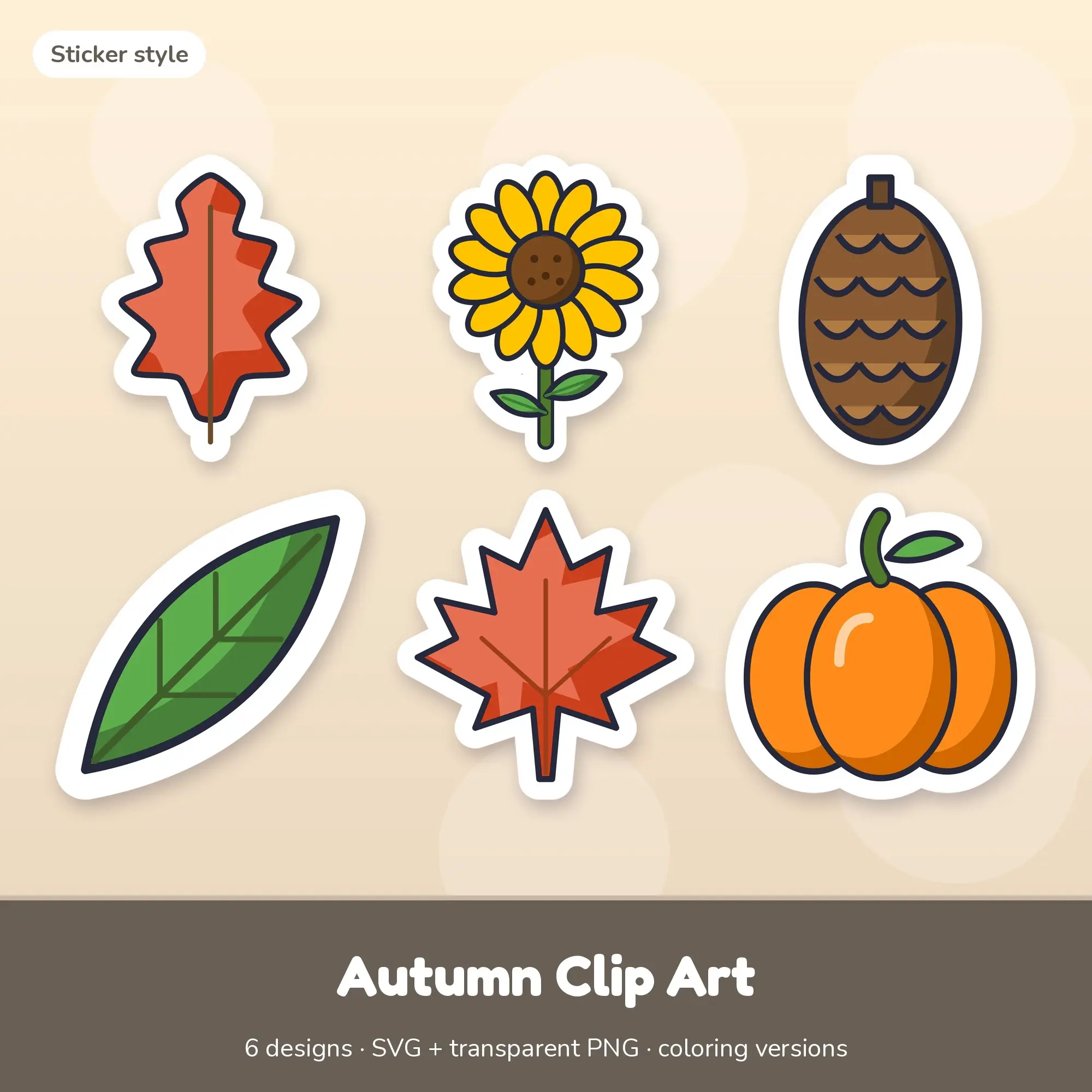 Autumn Clip Art with Coloring Pages - 6 Sticker Designs preview