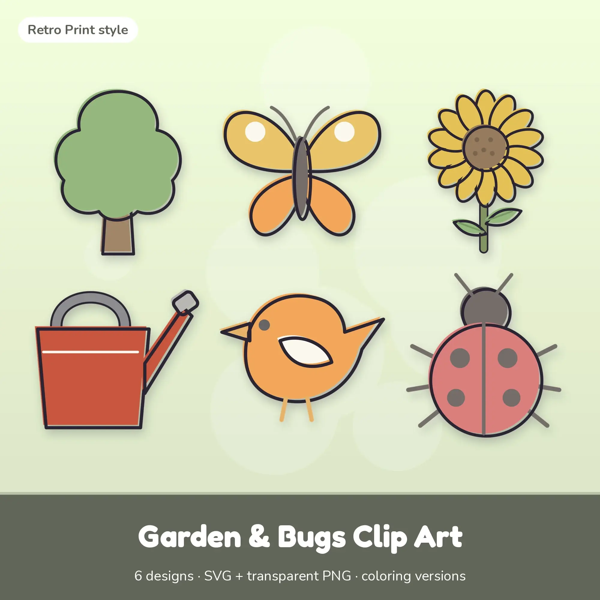 Tree & Butterfly Garden & Bugs Clip Art, Retro Print SVG PNG Set preview