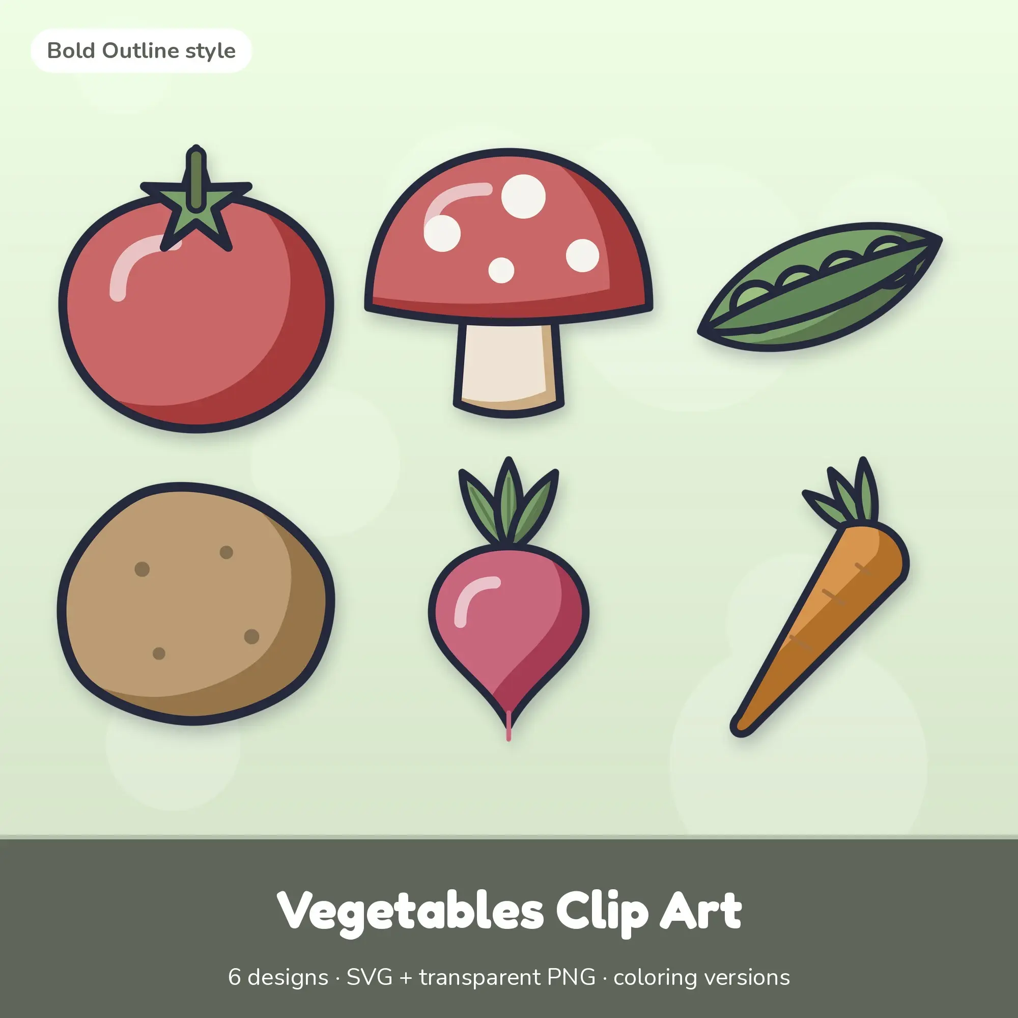 Muted Earthy Vegetables Clip Art - 6 SVG + PNG Designs preview