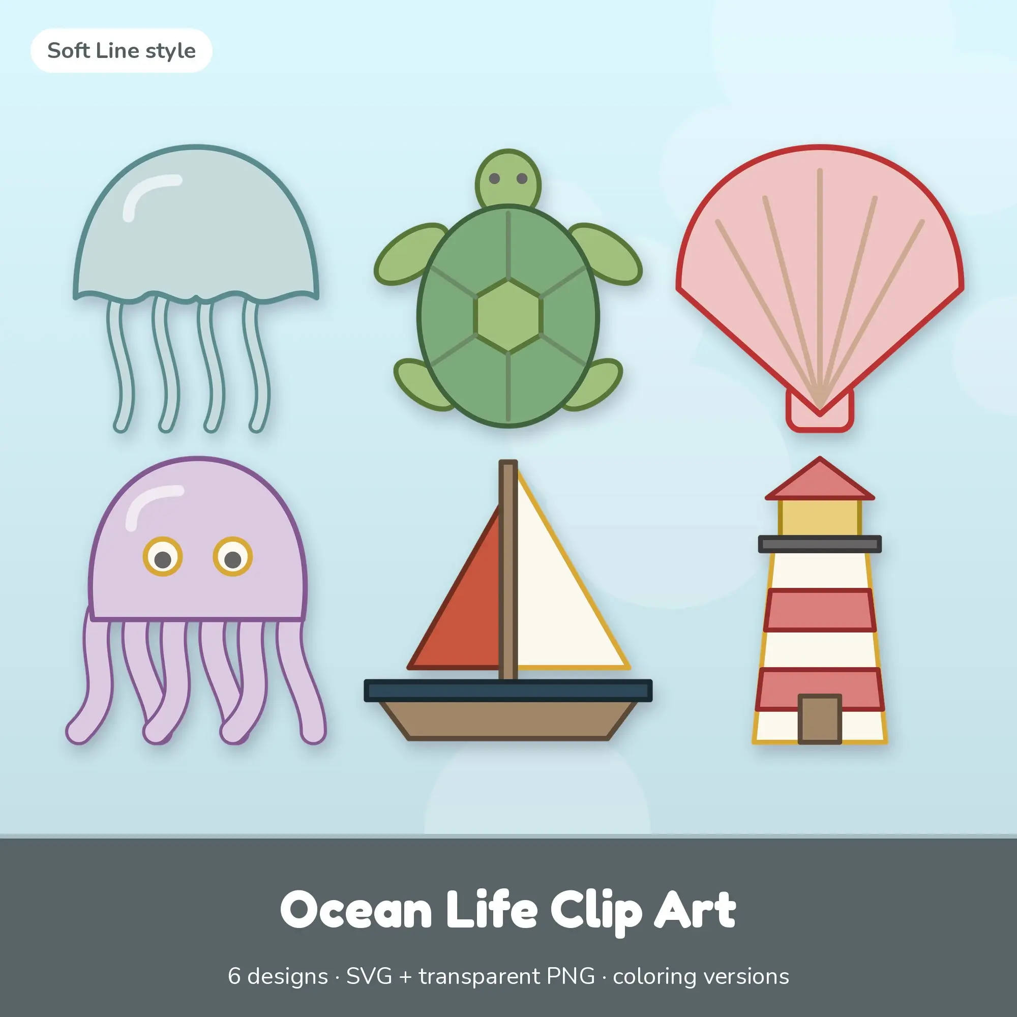 Vintage Ocean Life Clip Art - 6 SVG + PNG Designs preview