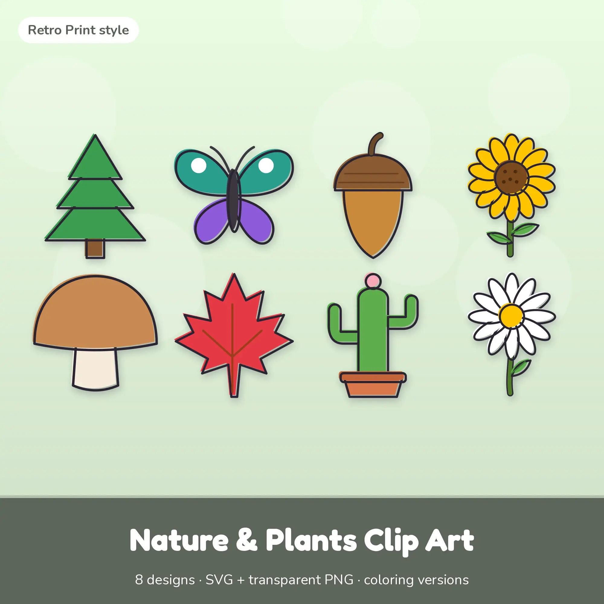 8 Nature & Plants Clip Art Vectors - Pine Tree, Butterfly, Acorn preview