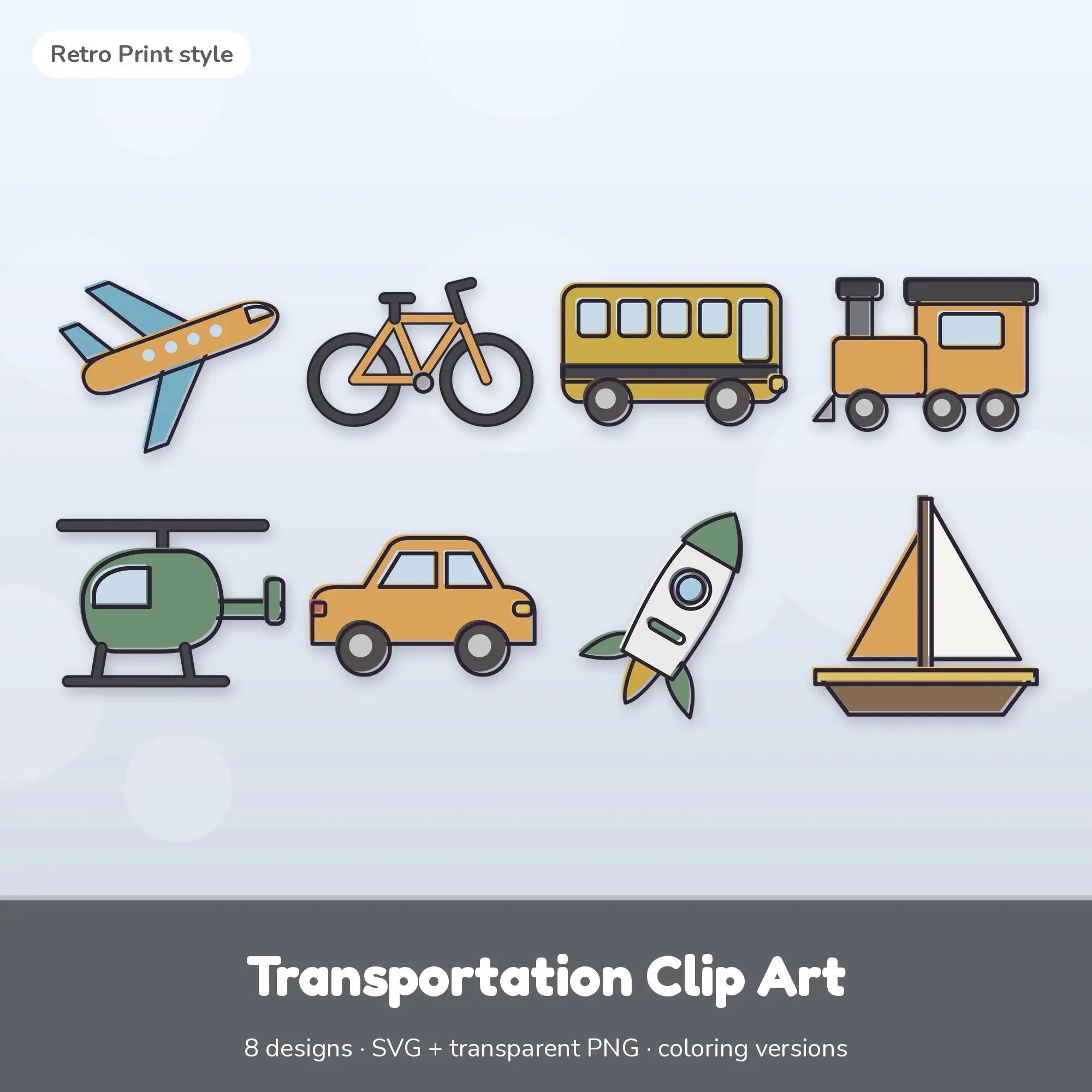 Transportation Clip Art with Coloring Pages - 8 Retro Print Designs, preview 1 of 2