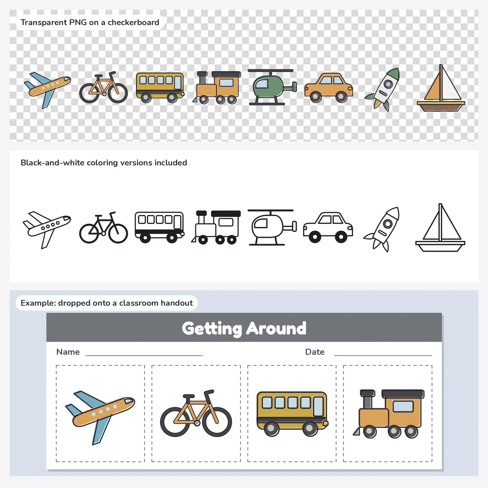 Transportation Clip Art with Coloring Pages - 8 Retro Print Designs, preview 2 of 2